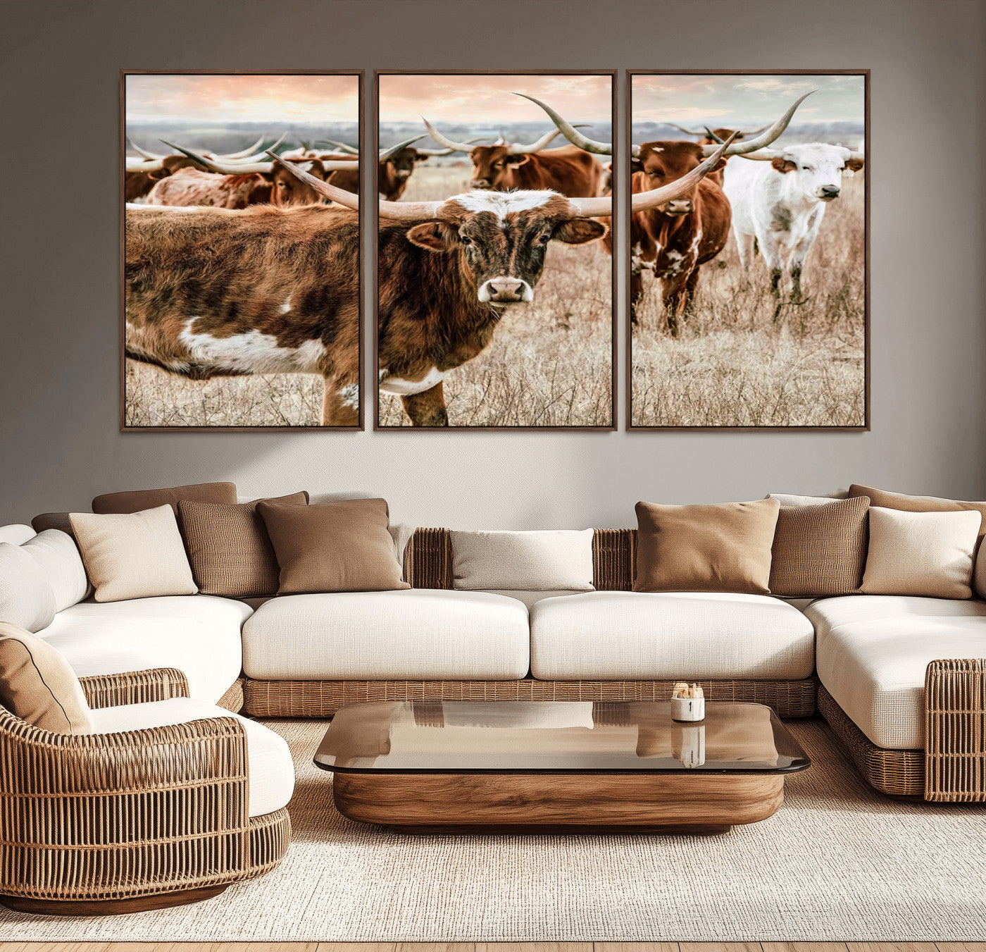 MGV-FC-60X30-3P - Texas Longhorn Cattle Wall Art Canvas Print – Rustic Western Ranch Scene with Steers at Sunset,