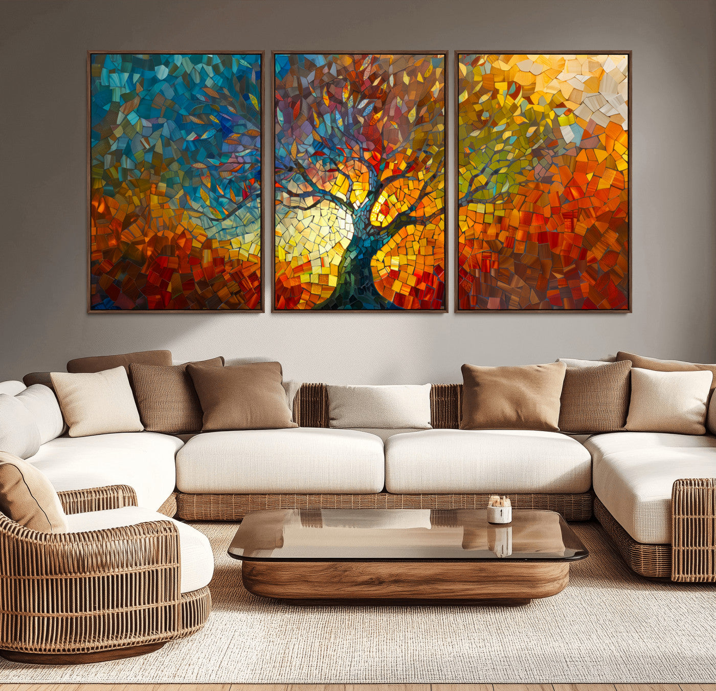 MGV-FC-60X30-3P - Yggdrasil Tree of Life Mosaic Stained Glass Wall Art Canvas, Yggdrasil Tree of Life Mosaic Canvas