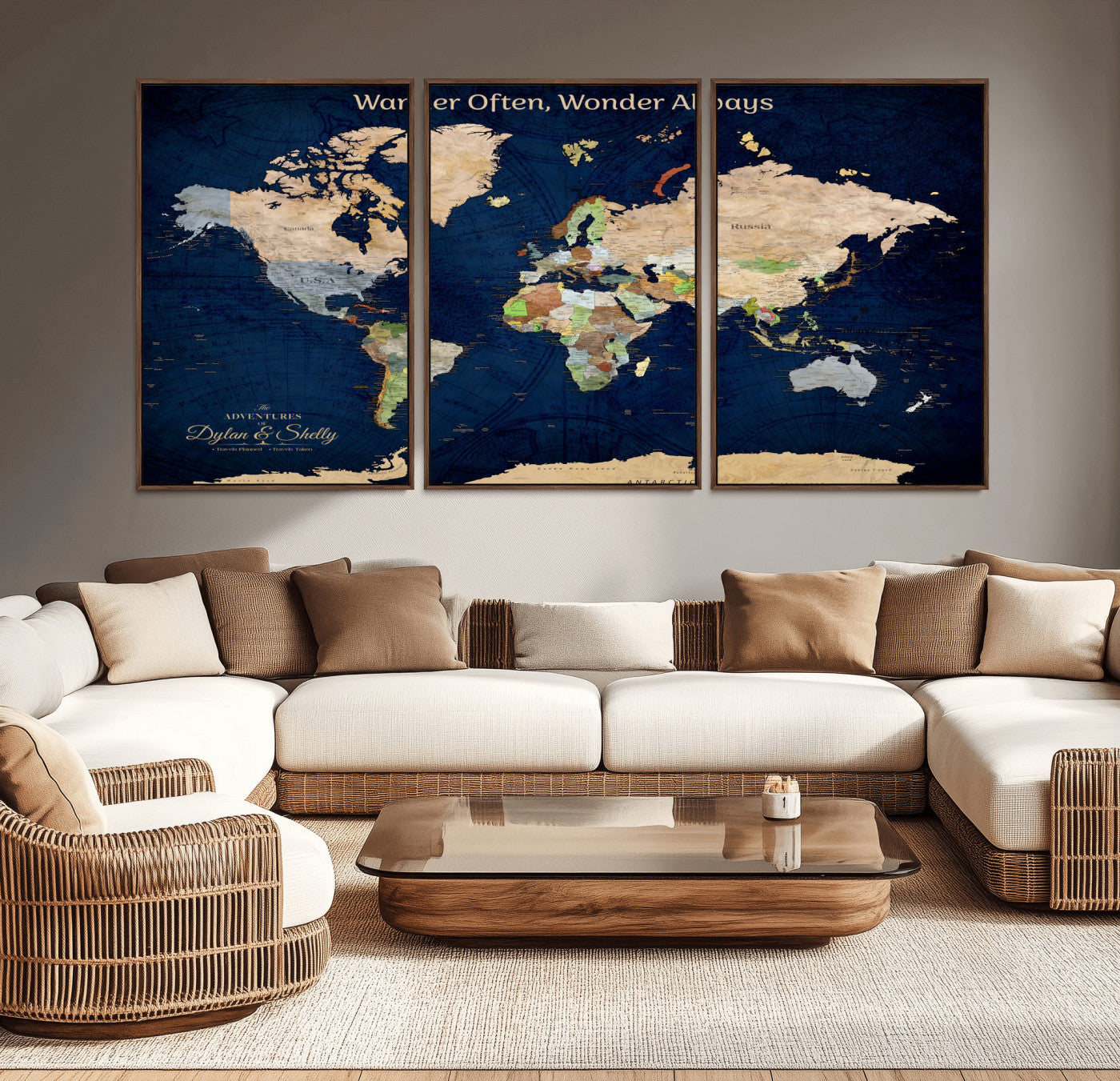 Rehber01-MGV-CV-36X24-Personalized World Map Canvas – Custom Framed Push Pin Travel Map Wall Art, Navy Blue Vintage Gift for Couples and Adventurers