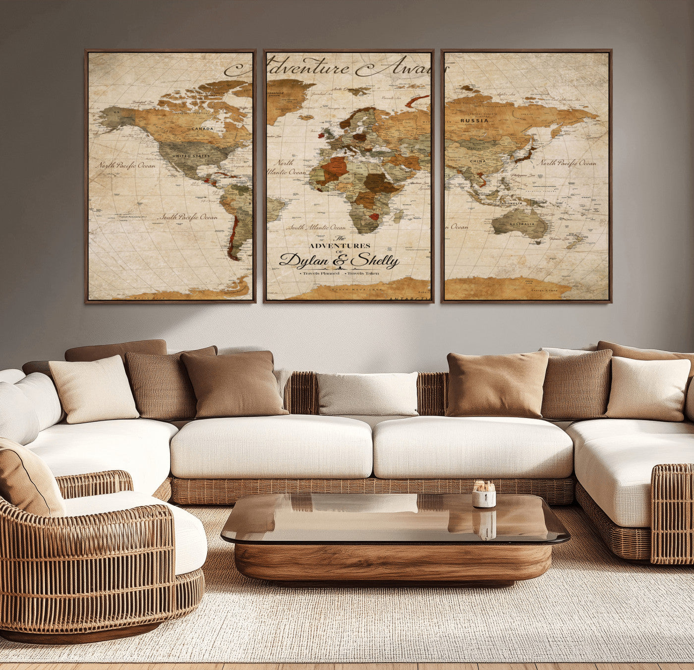 20810820-MGV-CV-30X20-Personalized World Map Print, Customizable Push Pin Framed World Map Print on Canvas - Custom Quote on Map Print
