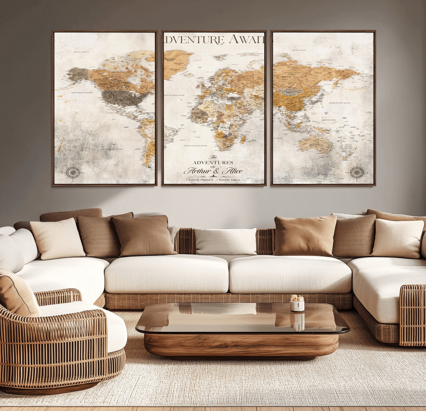 Rehber01-MGV-CV-36X24-Personalized World Map Canvas Print – Custom Push Pin Travel Map Vintage Neutral Style Gift for Couples Travelers for Home Office