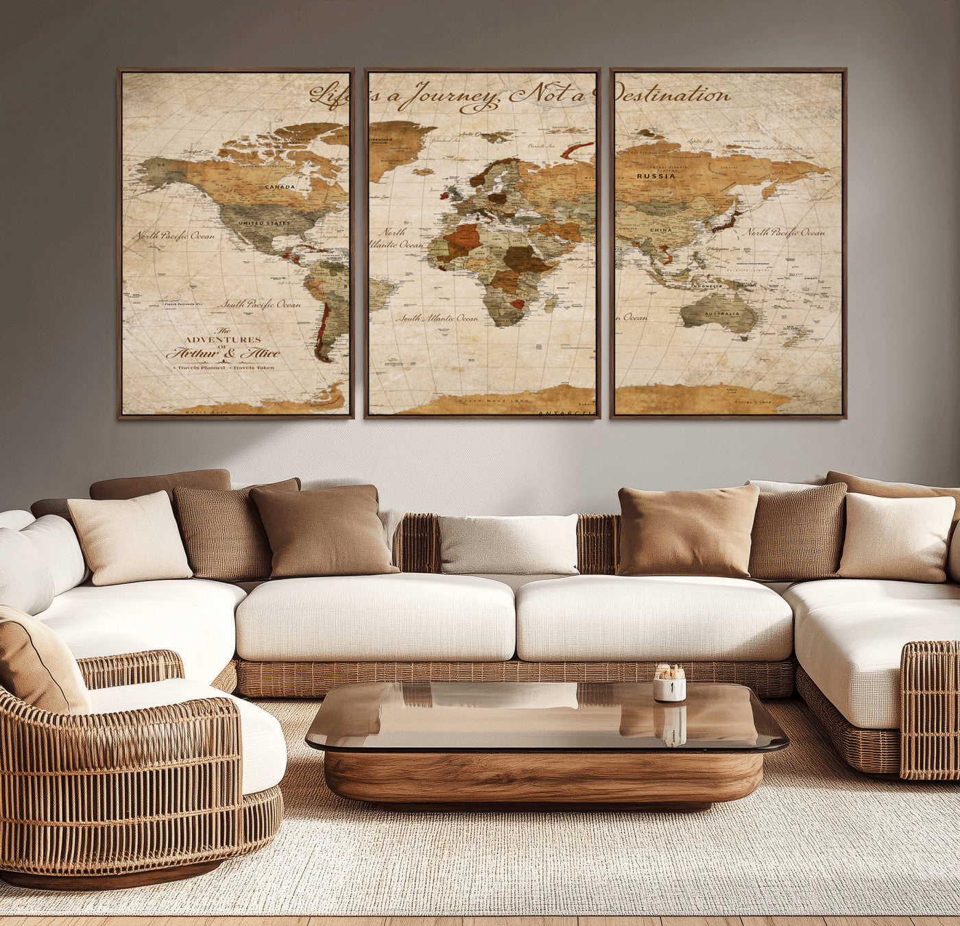 Rehber01-MGV-CV-36X24-Personalized Vintage World Map Canvas – Custom Framed Push Pin Travel Map Wall Art, Rustic Gift for Couples and Travel Lovers