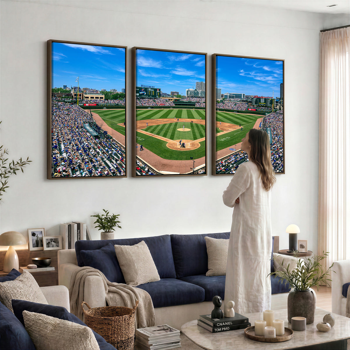35800083-MGV-CV-36X24 - Wrigley Field Baseball Stadium Canvas Wall Art – Packed Crowd Sports Stadium City Skyline Artwork for Home Office