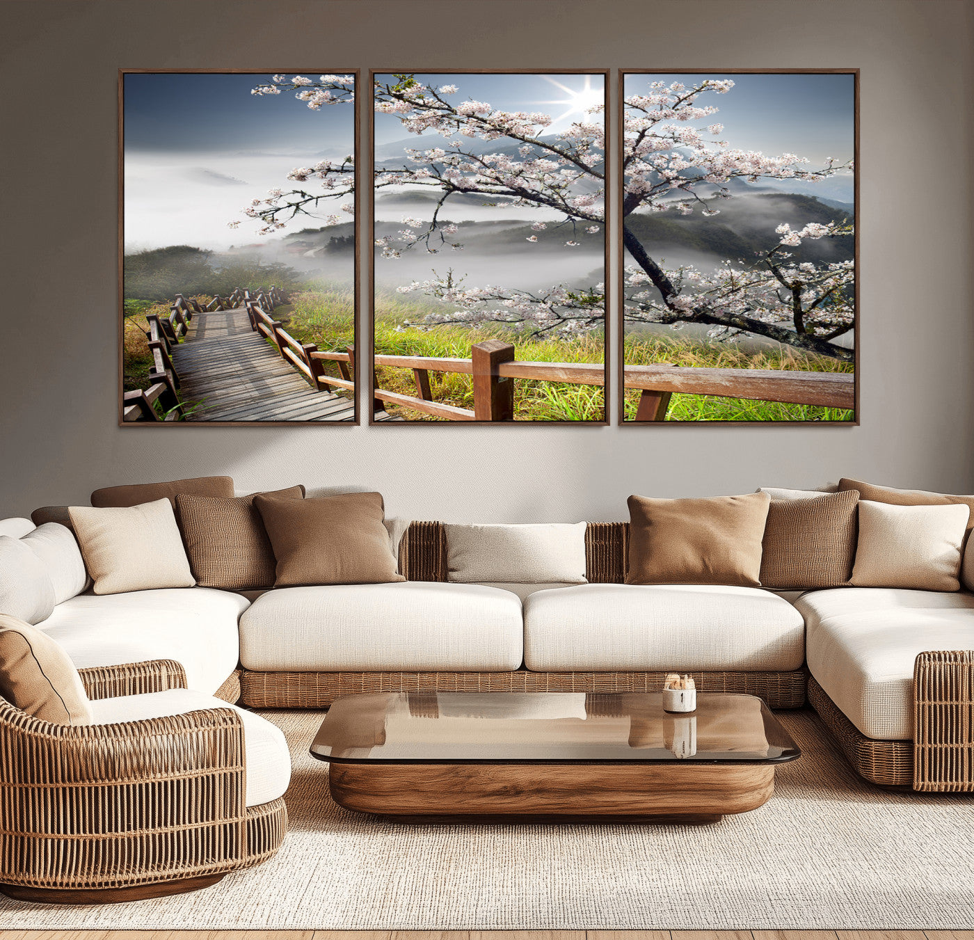 MGV-FC-60X30-3P - Sakura Cherry Blossom Pathway Canvas Wall Art – Tranquil Walk Through Blossoming Nature – Ready to
