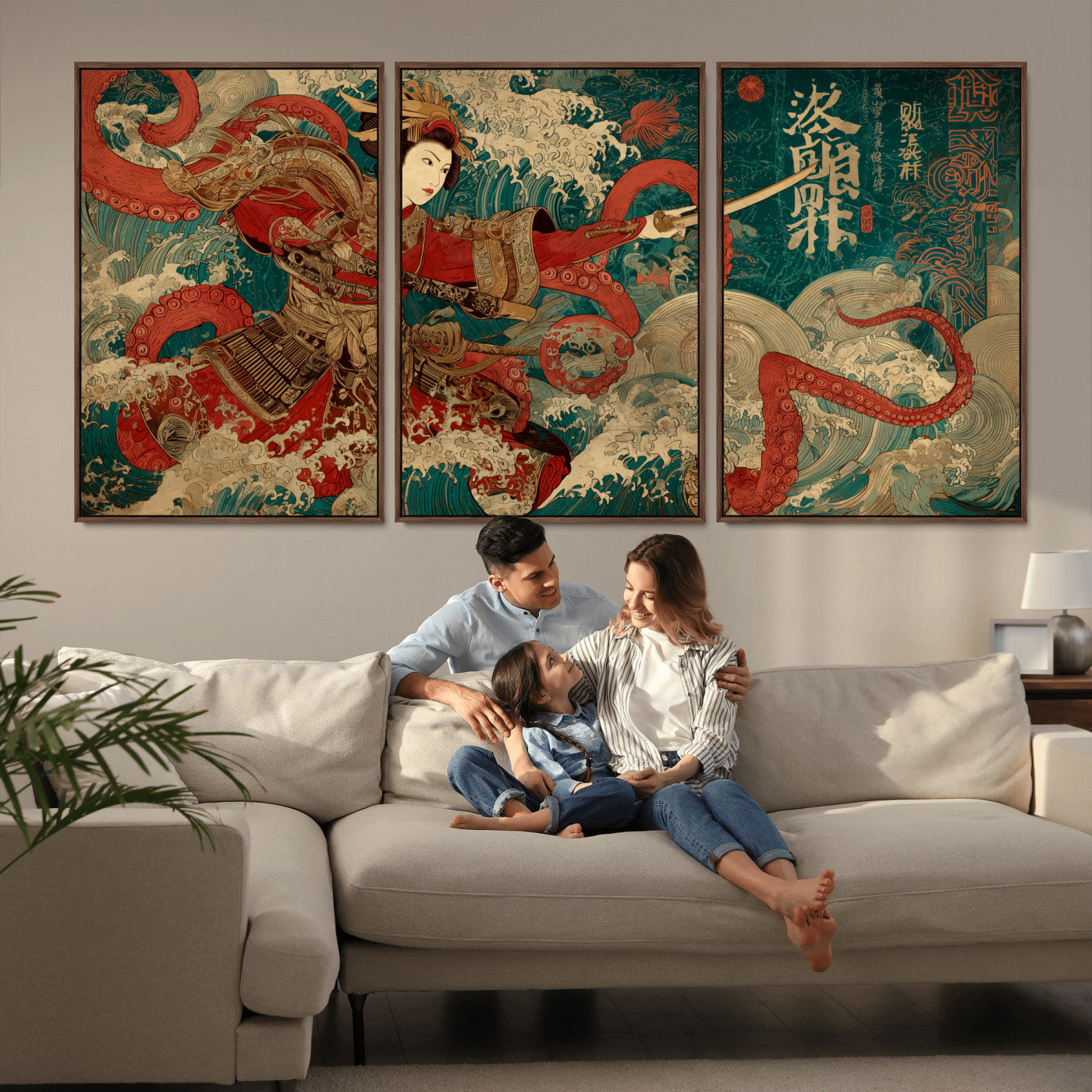 MGV-FC-60X30-3P - Tsukioka Yoshitoshi Samurai Wall Art Print, Japanese Katana Warrior Canvas Wall Art, Octopus Sea Monster Canvas Print,