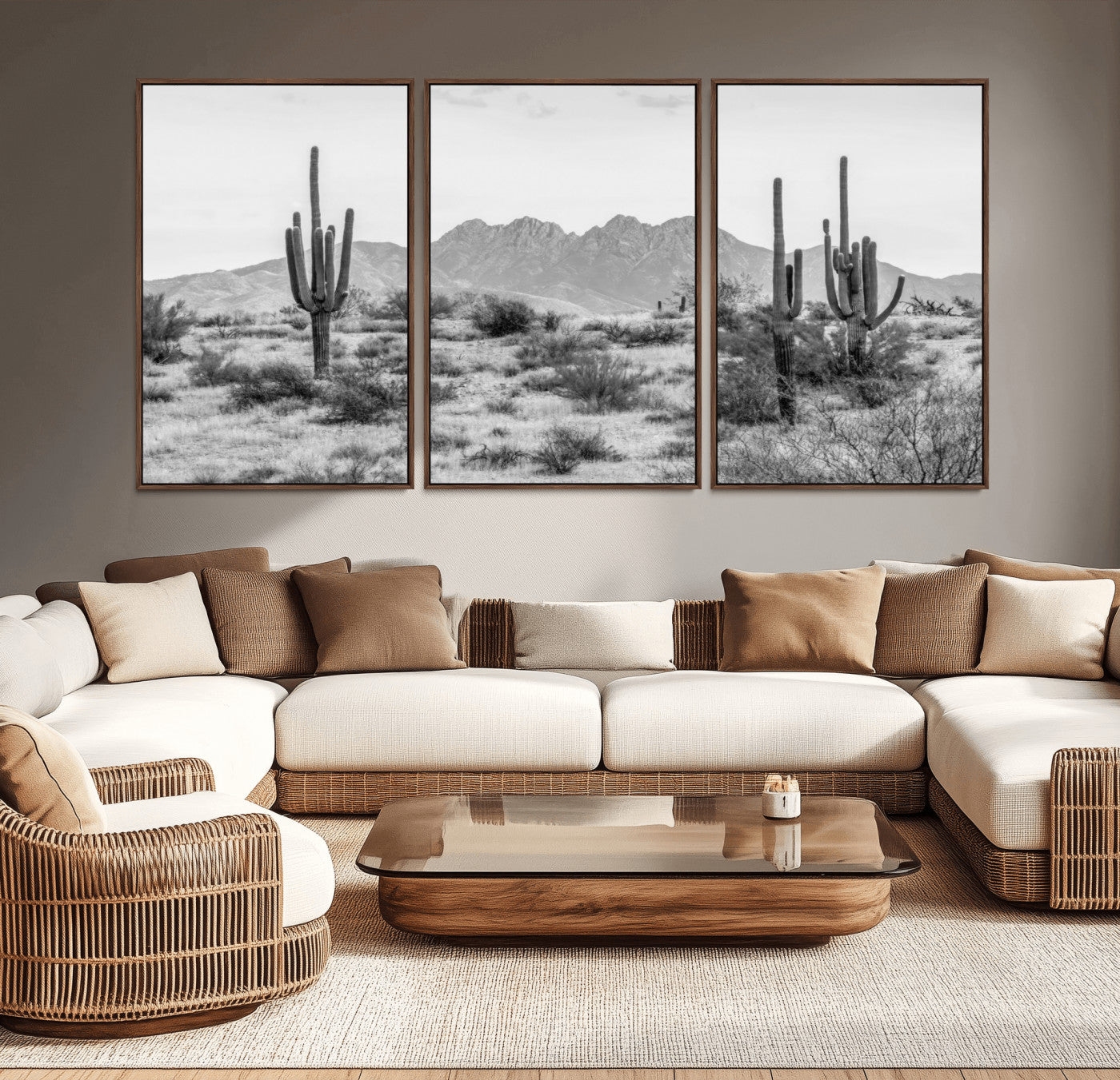 MGV-FC-60X30-3P - Black White Arizona Desert Canvas Wall Art Cactus Farmhouse Wall Art