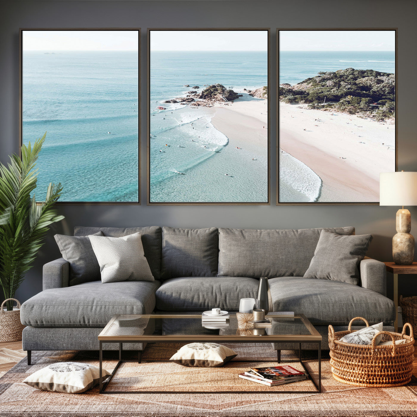 79395467-MGV-CV-36X24 - Aerial Beach Wall Art Canvas Print, Coastal Ocean Waves and Surfers Scenic Seaside Artwork for Home, Office Decor
