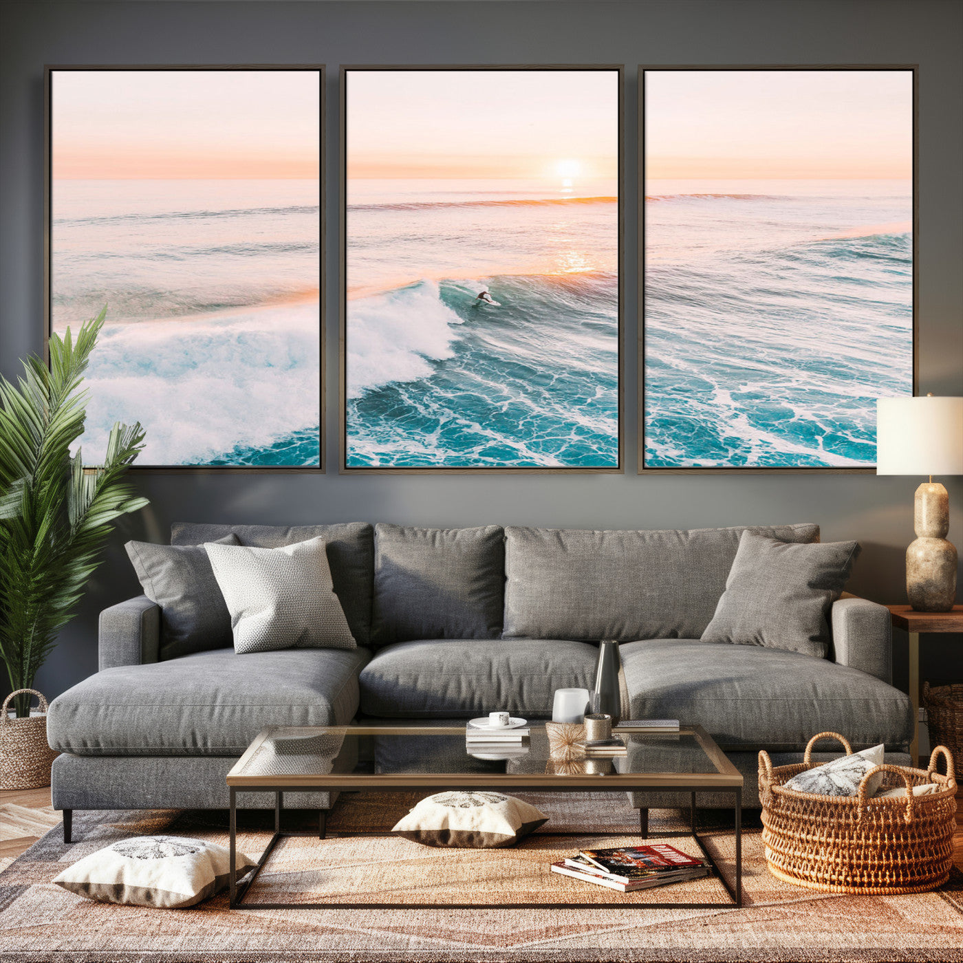 34064591-MGV-CV-36X24 - Sunset Surfing Wall Art Canvas Print, Ocean Wave Surfer with Golden Sky Artwork for Home, Office, Living Room