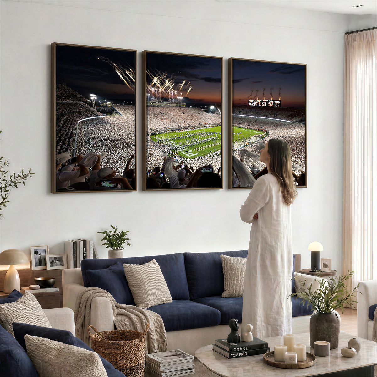 11221988-MGV-CV-36X24 - Epic Night Football Stadium Wall Art Canvas Print, Fireworks and Crowd
