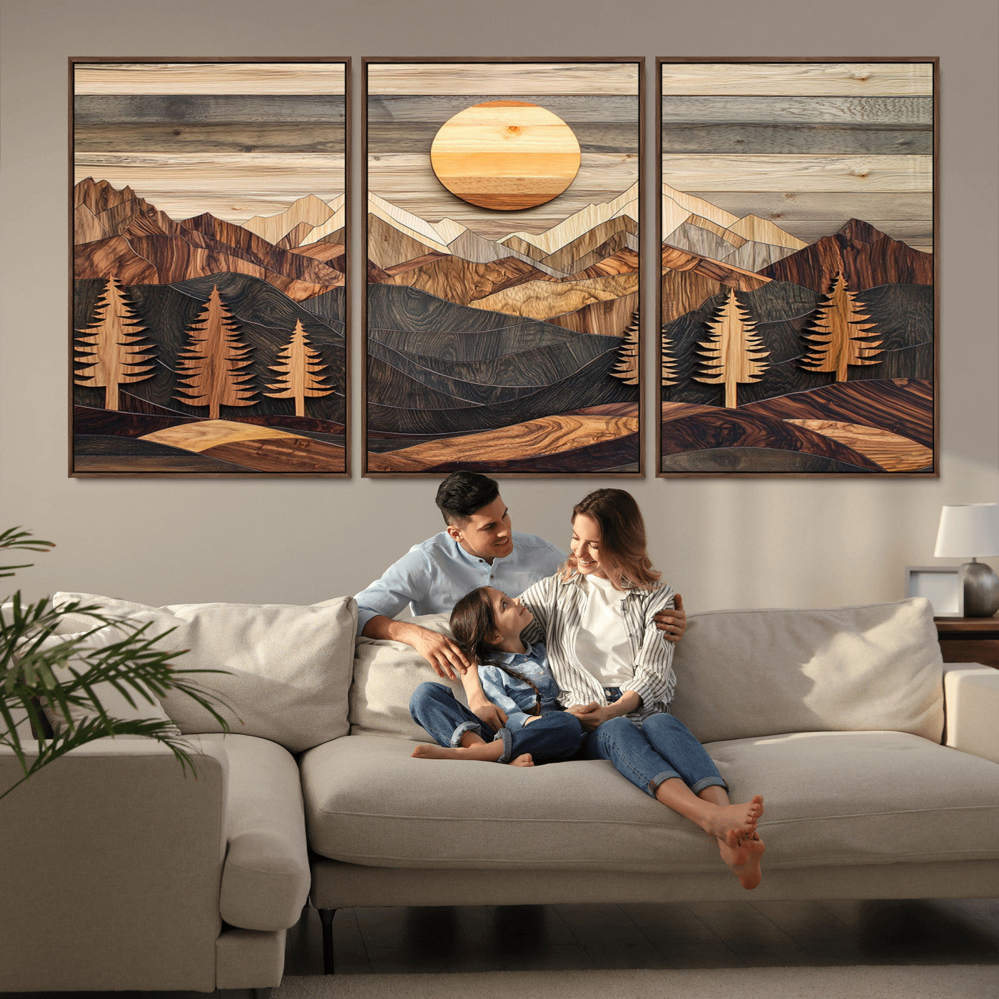 19832326-MGV-FC-60X30-3P - Wooden Mountain Landscape Layered Texture Geometric Shapes Sun Pine Trees Rustic Natural Tones Art