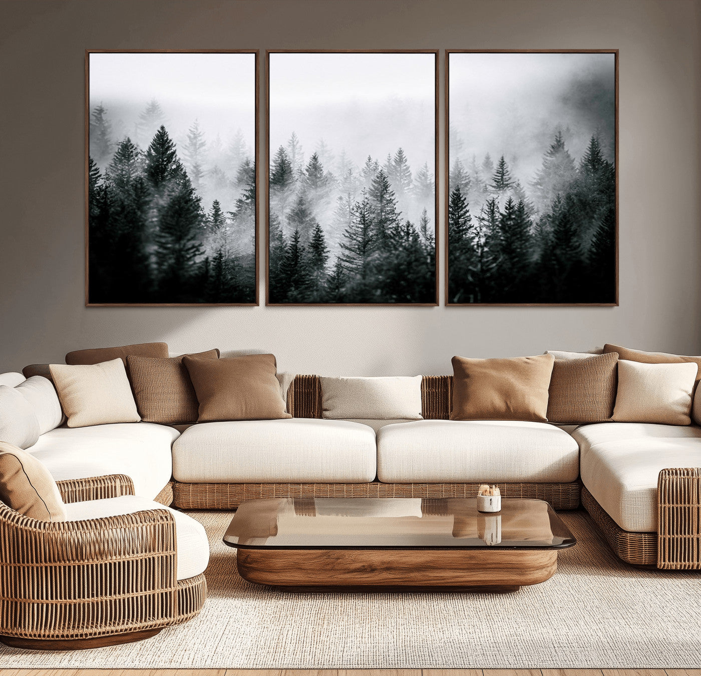 MGV-FC-60X30-3P - Foggy Pine Forest Canvas Wall Art – Black and White Nature Landscape Print, Horizontal Canvas for