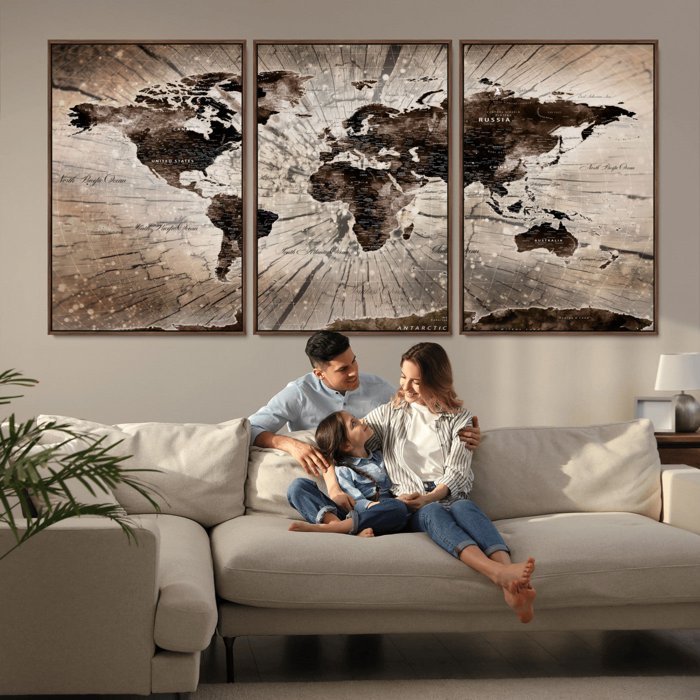 35326624-MGV-FC-60X30-3P - World Map Wall Art Canvas Print, Modern Decorative Framed Map Artwork Prints for Living Room, Office, Bedroom Wall Decor