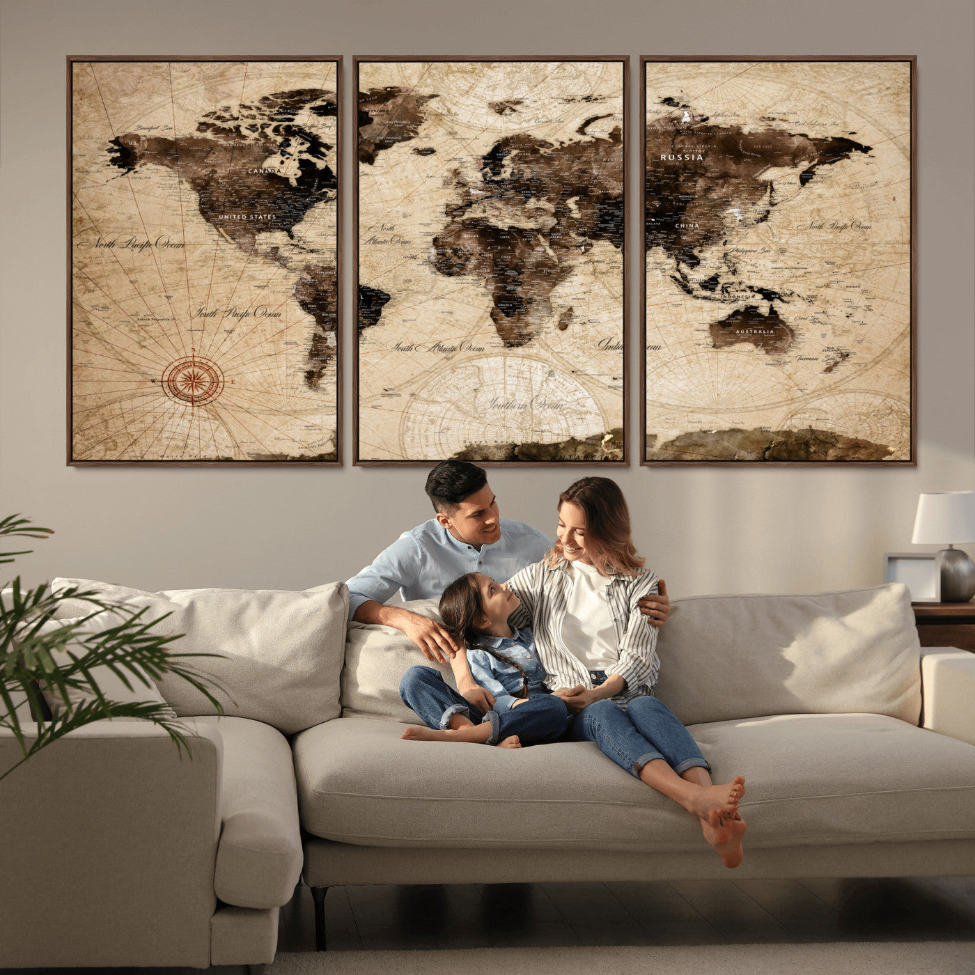 97114757-MGV-FC-60X30-3P - World Map Wall Art Canvas Print, Modern Decorative Framed Map Artwork Prints for Living Room, Office, Bedroom Wall Decor