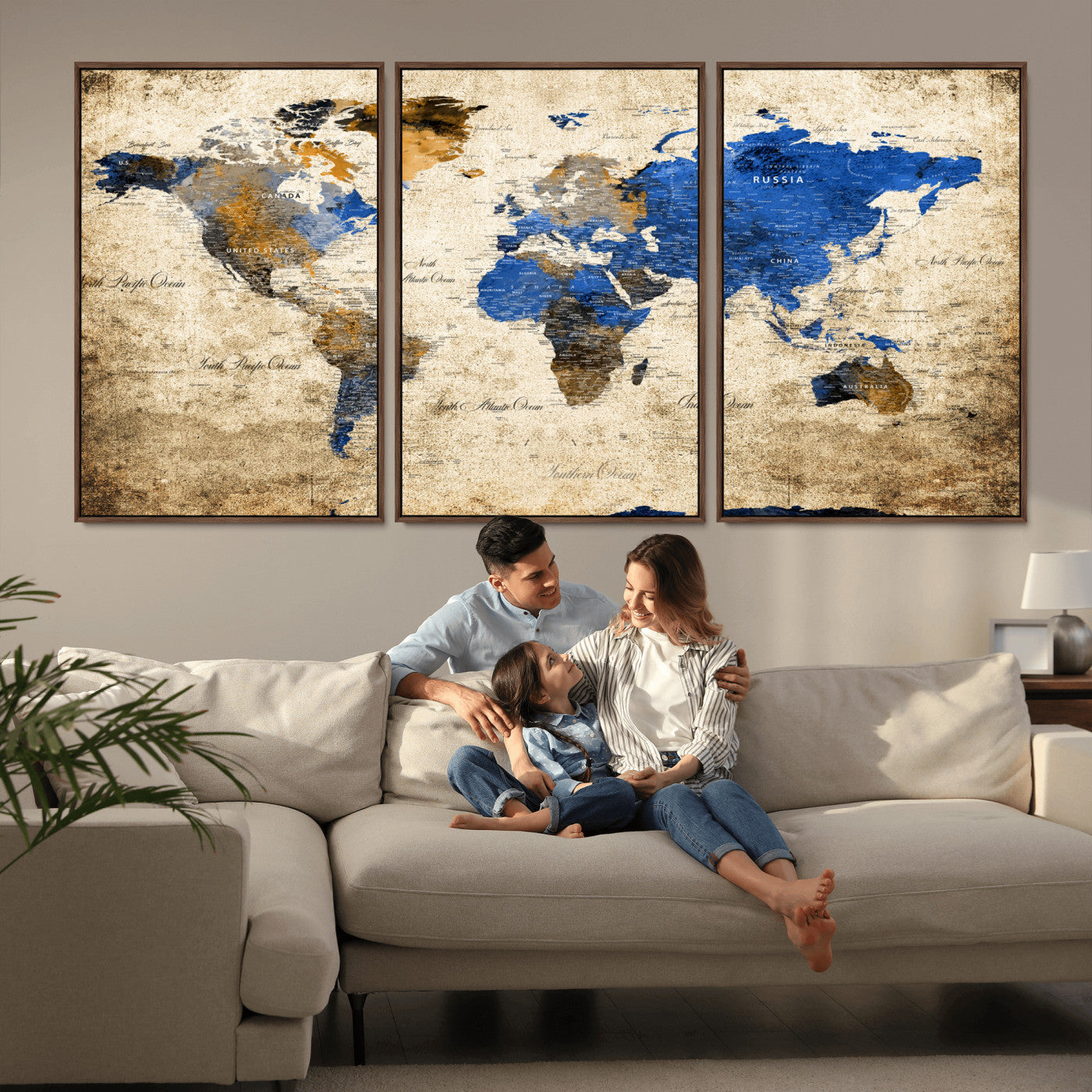 13564339-MGV-FC-60X30-3P - World Map Wall Art Canvas Print, Modern Decorative Framed Map Artwork Prints for Living Room, Office, Bedroom Wall Decor