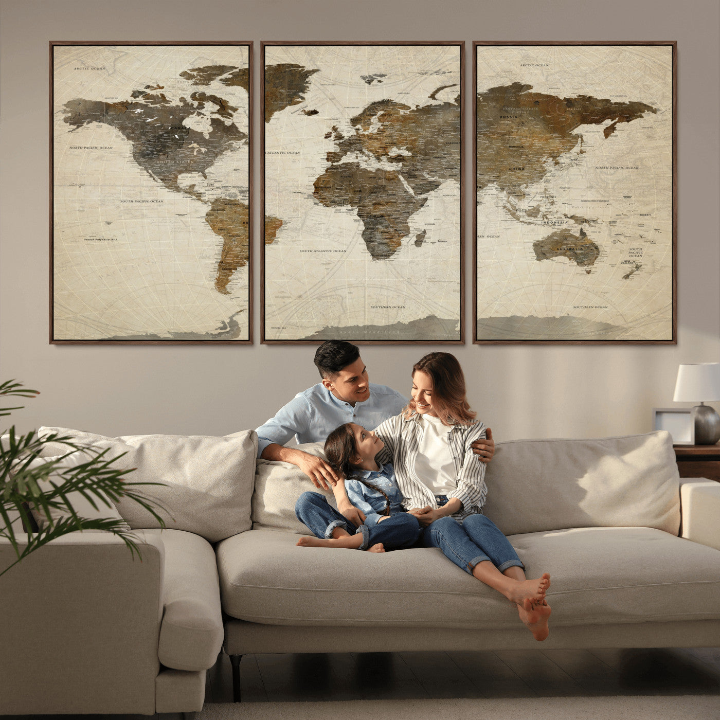 91849163-MGV-FC-60X30-3P - World Map Wall Art Canvas Print, Modern Decorative Framed Map Artwork Prints for Living Room, Office, Bedroom Wall Decor