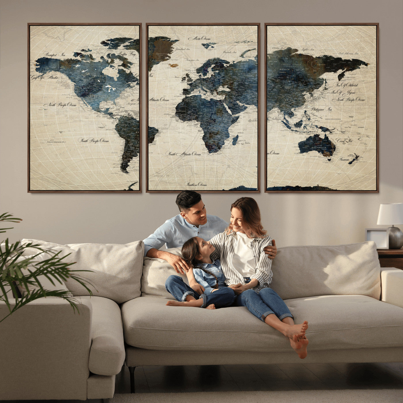 33438443-MGV-FC-60X30-3P - World Map Wall Art Canvas Print, Modern Decorative Framed Map Artwork Prints for Living Room, Office, Bedroom Wall Decor