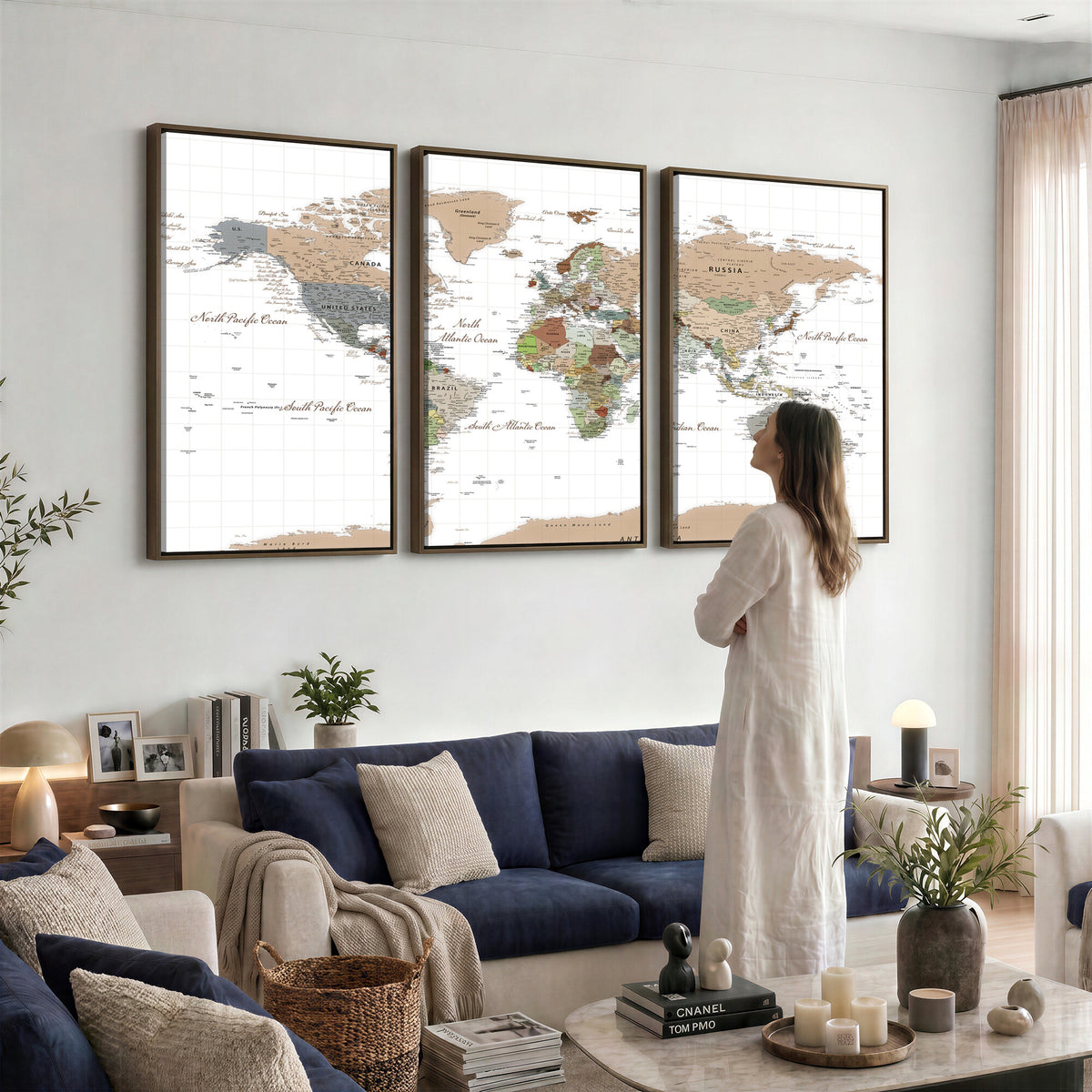 91286788-MGV-CV-36X24 - World Map Wall Art Canvas Print, Modern Decorative Framed Map Artwork Prints for Living Room, Office, Bedroom Wall Decor