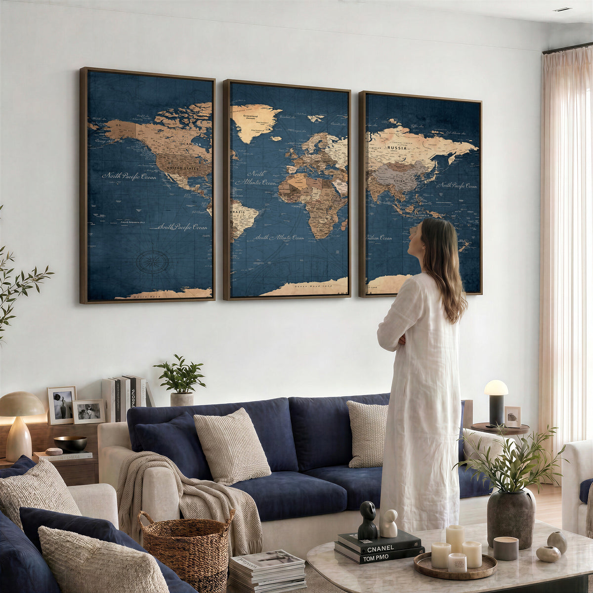 69886352-MGV-CV-36X24 - World Map Wall Art Canvas Print, Modern Decorative Framed Map Artwork Prints for Living Room, Office, Bedroom Wall Decor