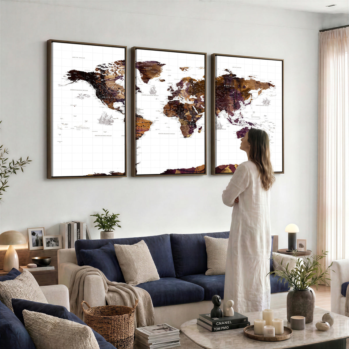 34792695-MGV-CV-36X24 - Rustic World Map Wall Art Canvas Print | Large Vintage Blue World Map on Wood Grain Style Background