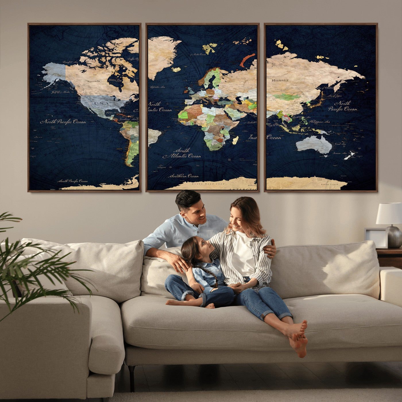 76603563-MGV-CV-36X24 - World Map Wall Art Canvas Print, Modern Decorative Framed Map Artwork Prints for Living Room, Office, Bedroom Wall Decor