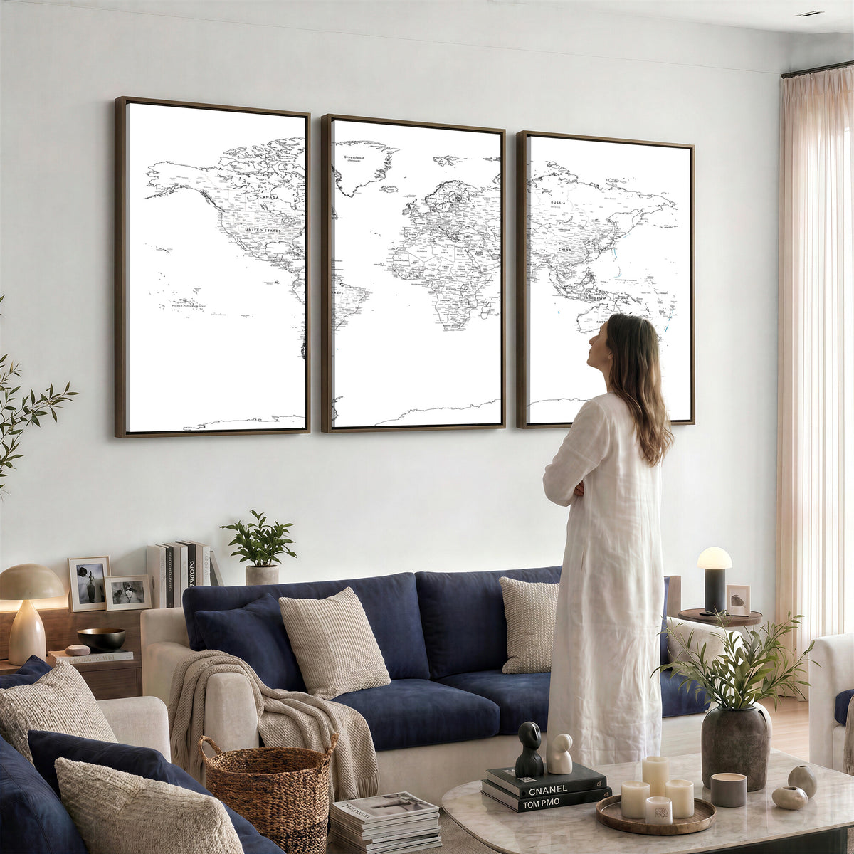 21002736-MGV-CV-36X24 - World Map Canvas Print, Framed Modern Detailed Map of the World for Home or Office