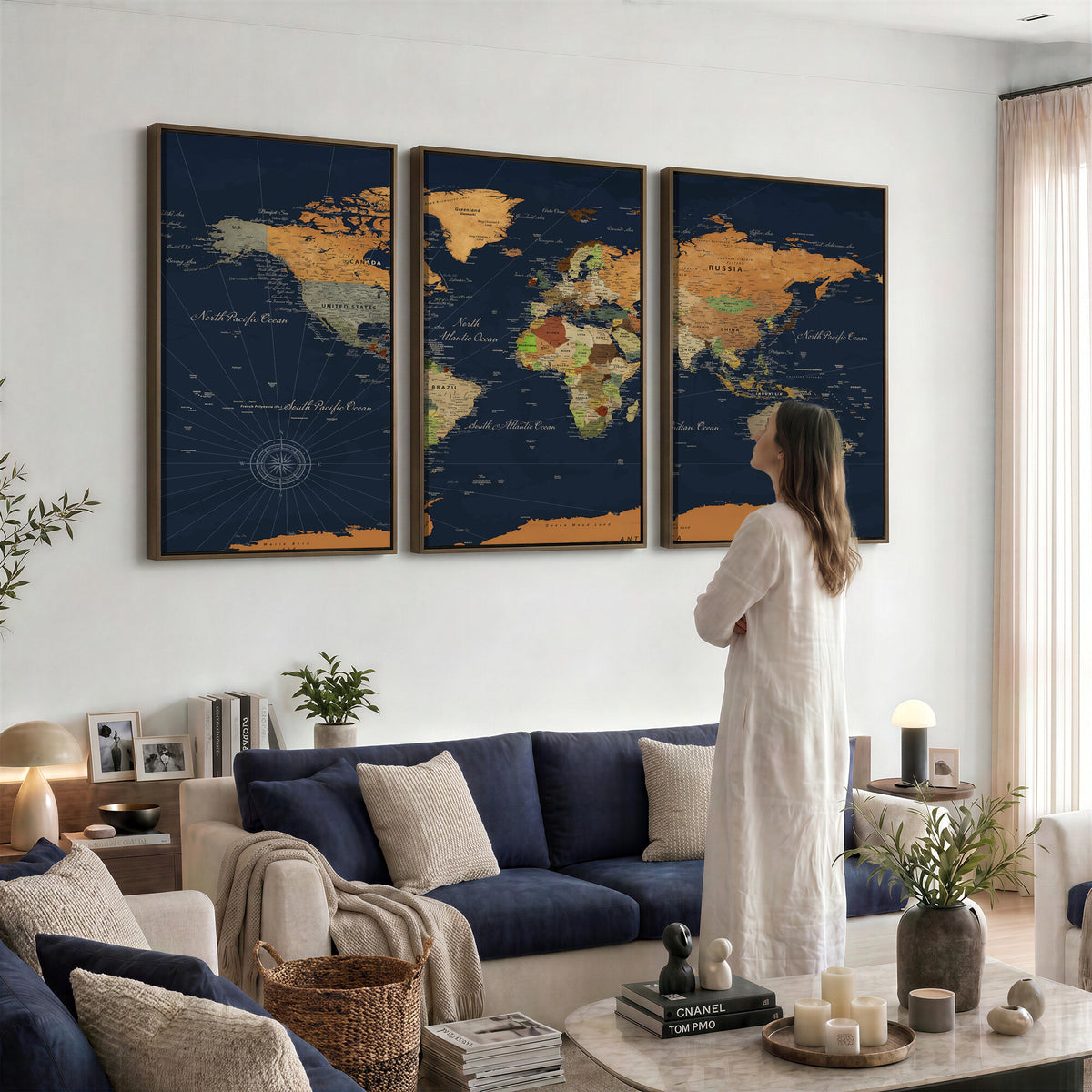 11715182-MGV-CV-36X24 - Modern World Map Canvas Print, Framed Detailed Map of the World Wall Art
