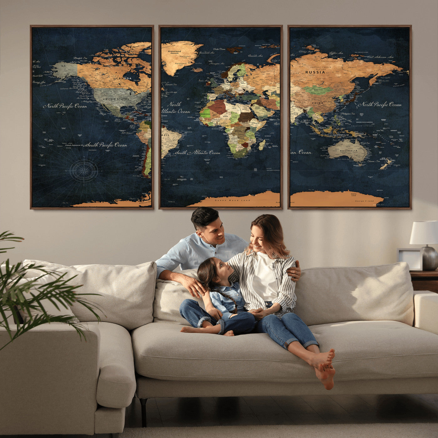 53717402-MGV-CV-36X24 - World Map Wall Art Canvas Print, Modern Decorative Framed Map Artwork Prints for Living Room, Office, Bedroom Wall Decor