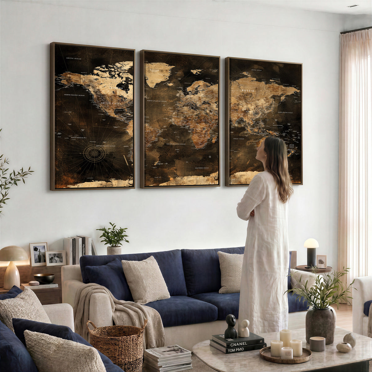 97742922-MGV-CV-36X24 - World Map Canvas Print, Modern Decorative Framed Map Artwork