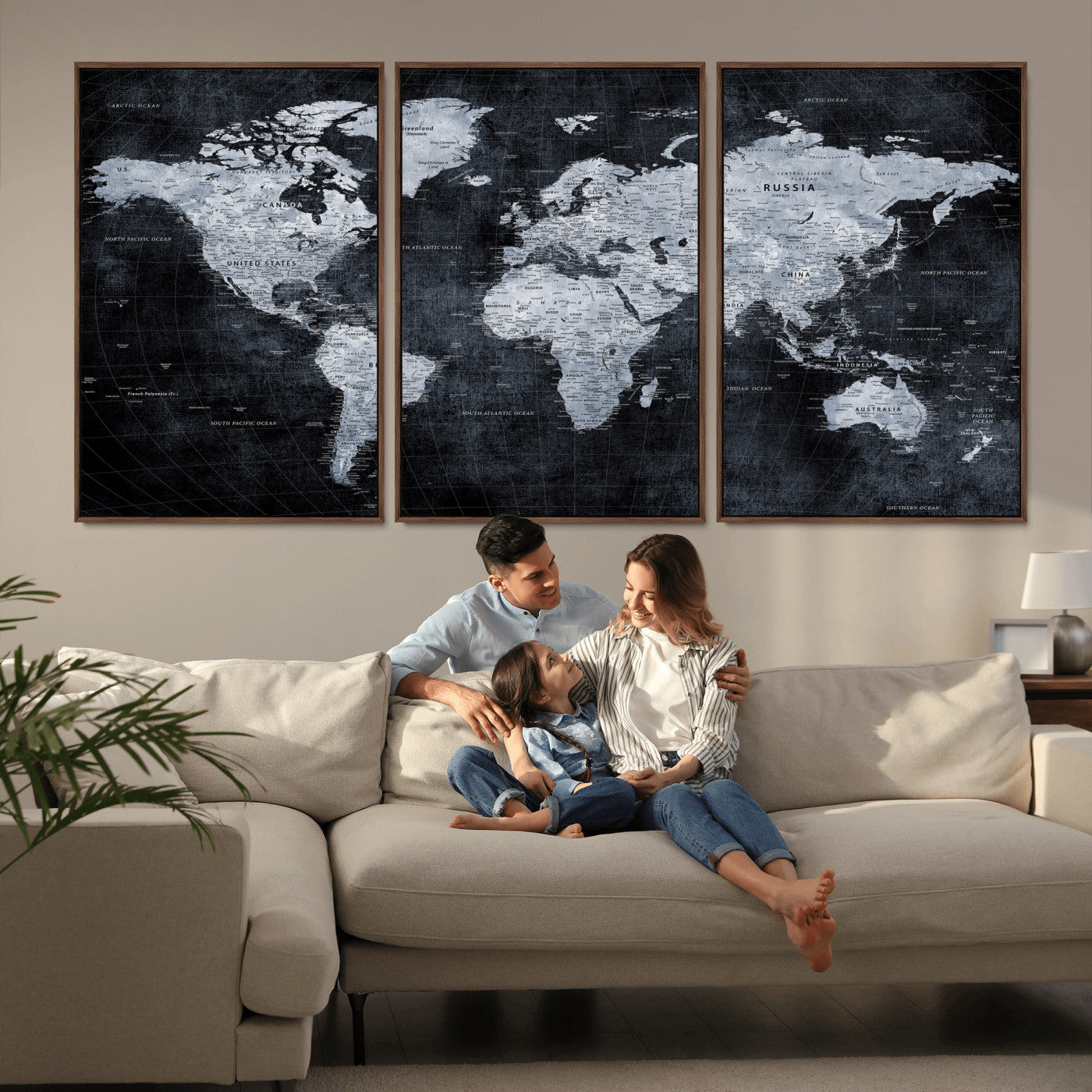 86893704-MGV-CV-36X24 - World Map Wall Art Canvas Print, Modern Decorative Framed Map Artwork Prints for Living Room, Office, Bedroom Wall Decor