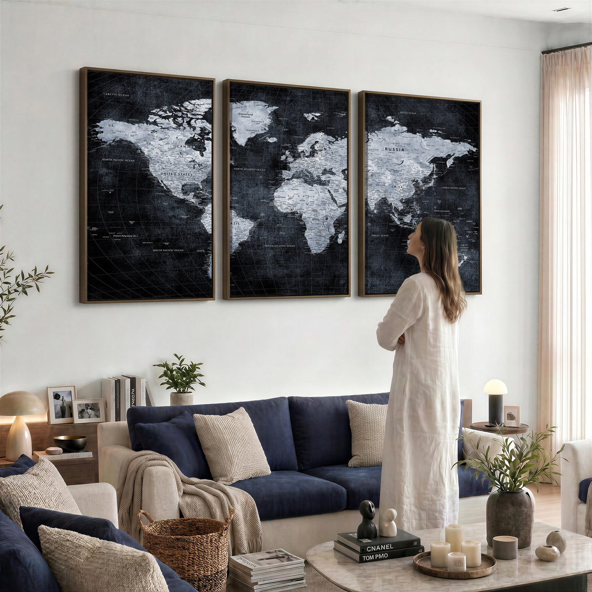 86893704-MGV-CV-36X24 - Black World Map Canvas Print | Detailed Map for Couples and Anniversary Gift