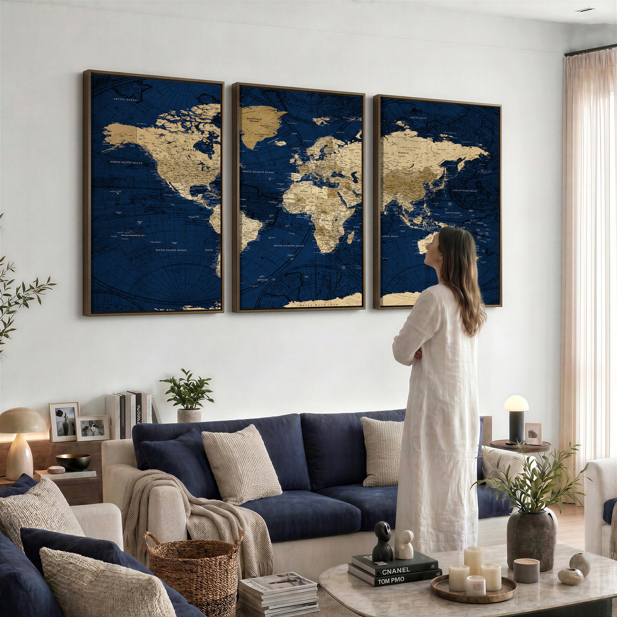 54770746-MGV-CV-36X24 - Navy Blue World Map Canvas Print – Detailed Map Minimal Navy