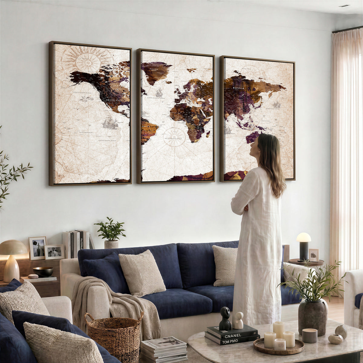 53400857-MGV-CV-36X24 - Blue Watercolor World Map Canvas Print – Framed Modern Wall