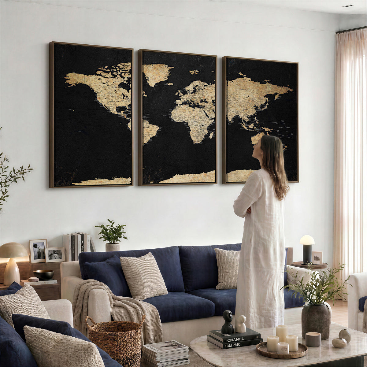 71518849-MGV-CV-36X24 - Beige World Map Canvas Wall Art Print, Minimal Black and