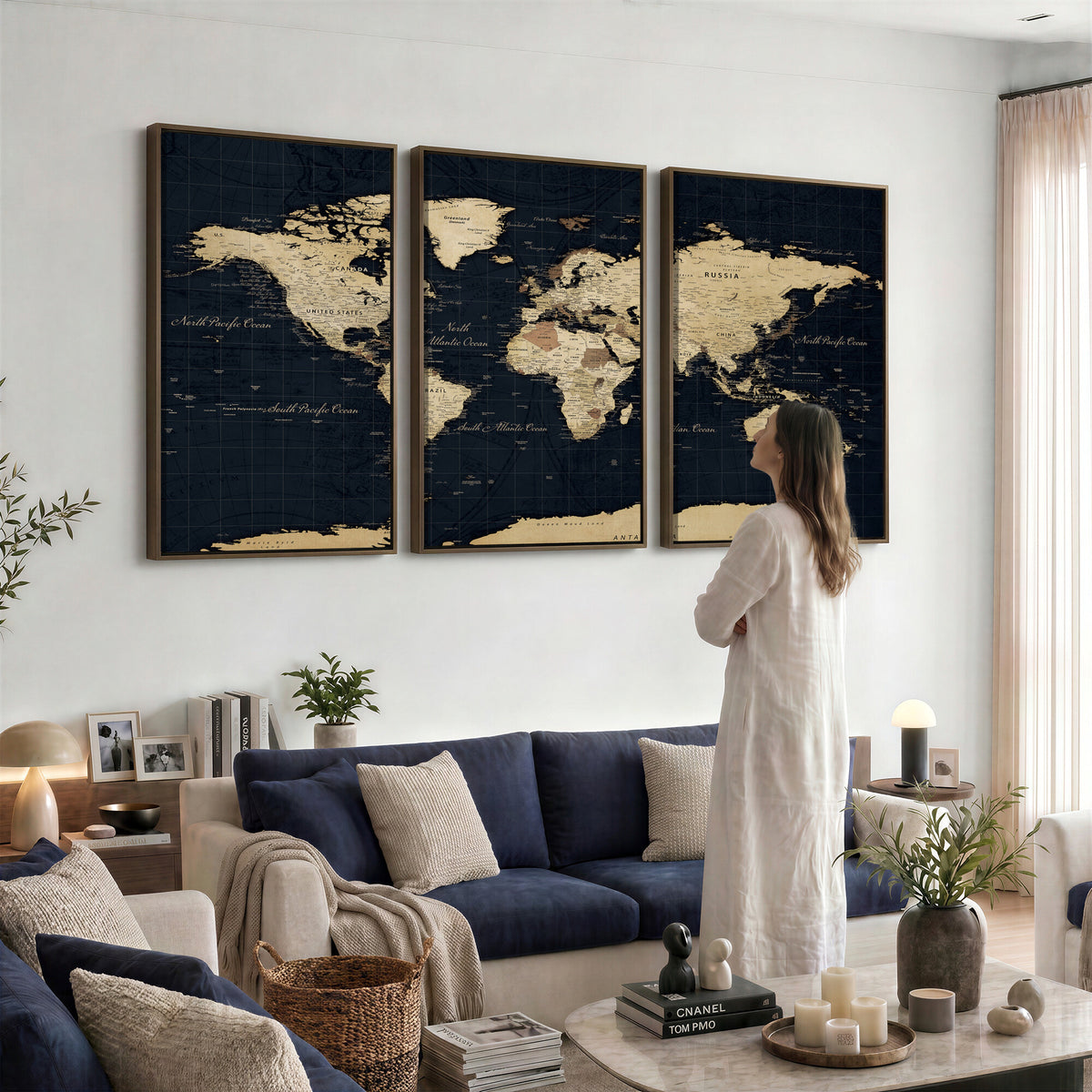 45063434-MGV-CV-36X24 - Dark World Map Canvas Wall Art Print, Minimal Black and Gold Map
