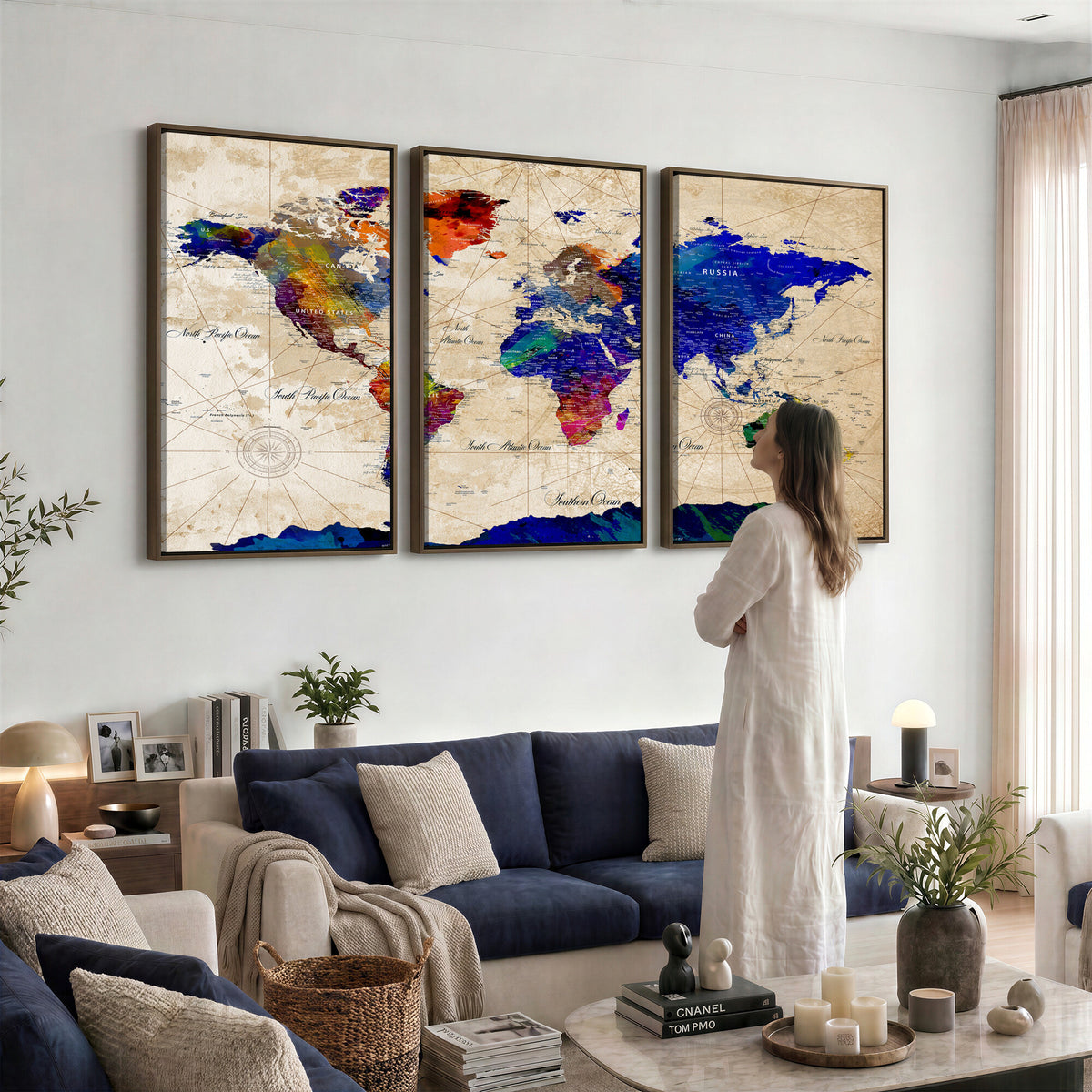 26284075-MGV-CV-36X24 - World Map Wall Art Canvas Print, Modern Decorative Framed Map Artwork Prints for Living Room, Office, Bedroom Wall Decor