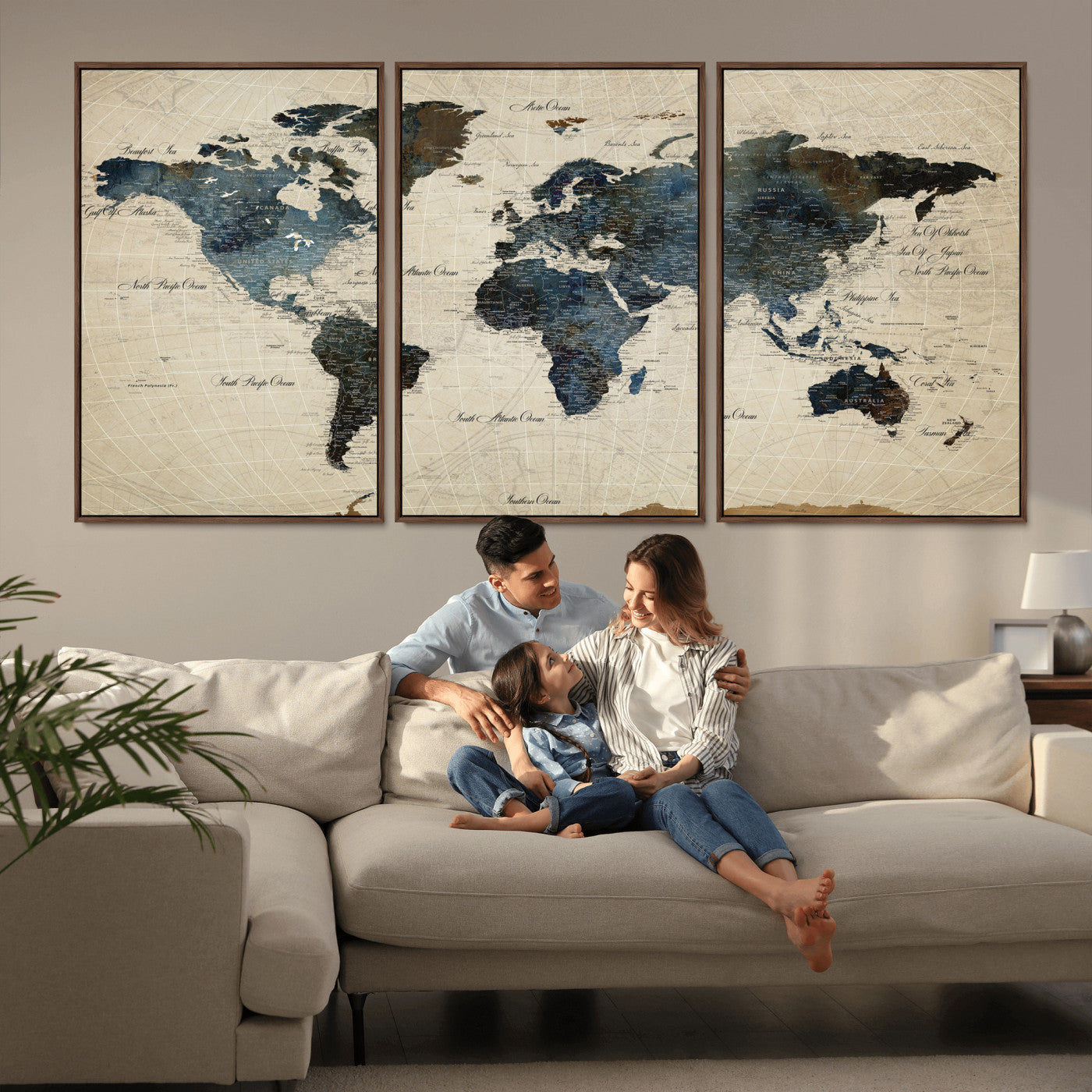 72927803-MGV-CV-36X24 - World Map Wall Art Canvas Print, Modern Decorative Framed Map Artwork Prints for Living Room, Office, Bedroom Wall Decor