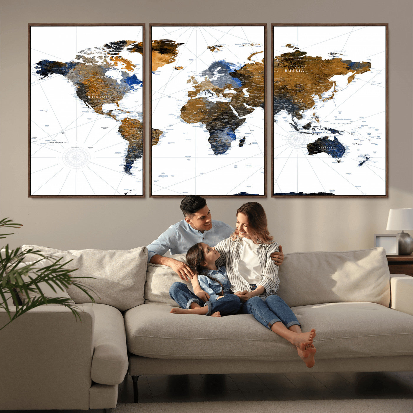 56364879-MGV-CV-36X24 - World Map Wall Art Canvas Print, Modern Decorative Framed Map Artwork Prints for Living Room Decor