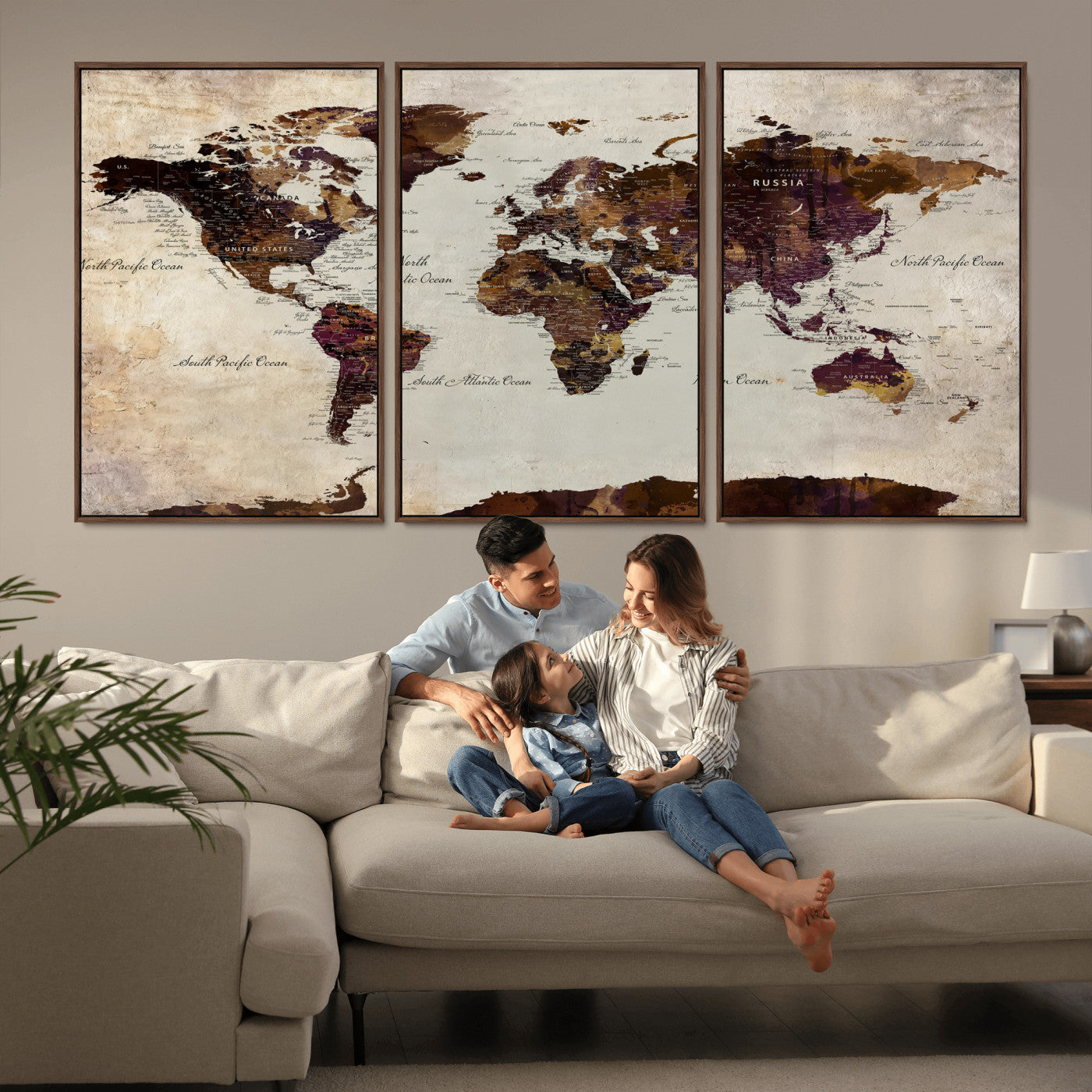 50611123-MGV-CV-36X24 - World Map Canvas Triptych – Colorful Global Wall Art for Living Rooms, Offices, and Study Spaces