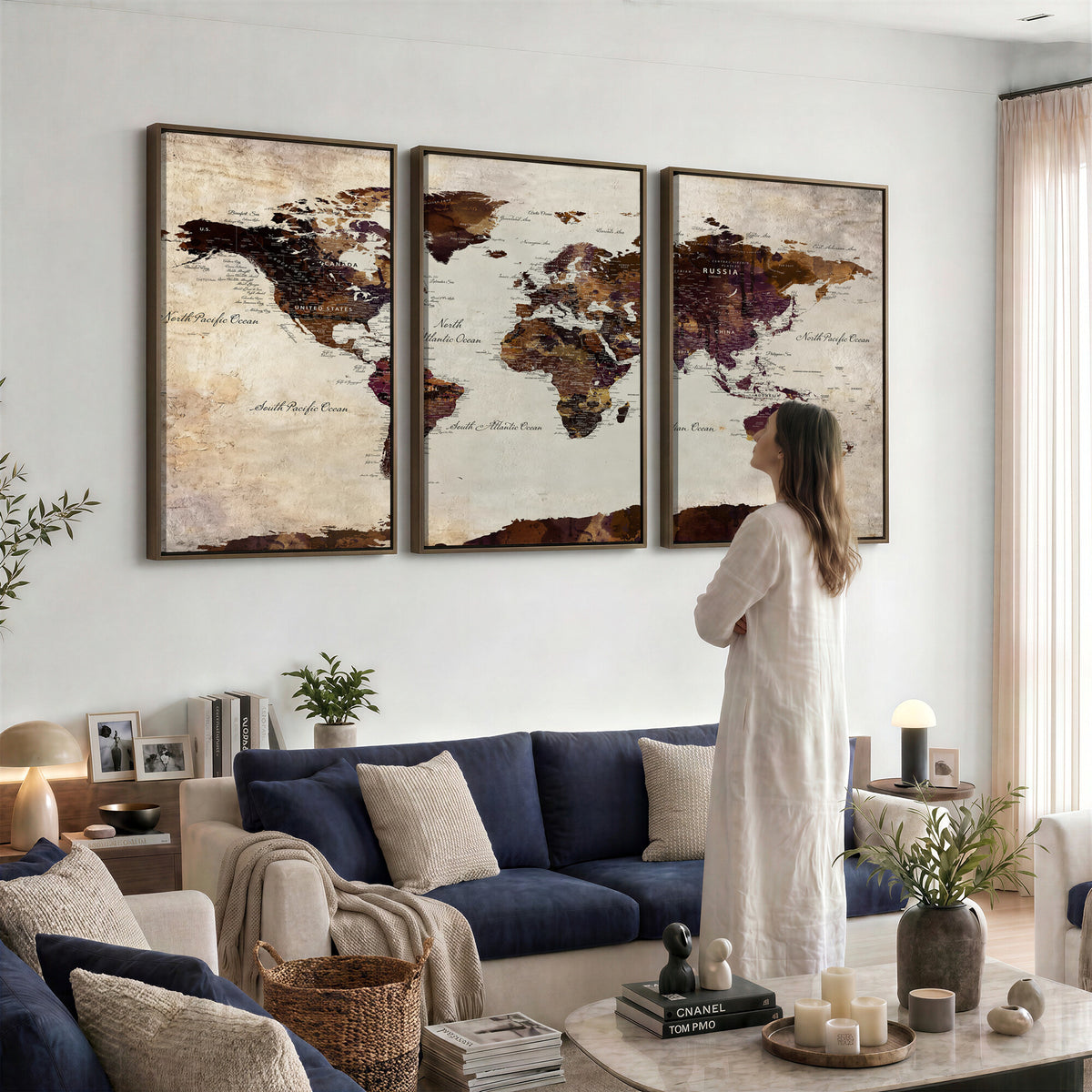50611123-MGV-CV-36X24 - World Map Canvas Triptych | Colorful Global Wall Art for Living Rooms