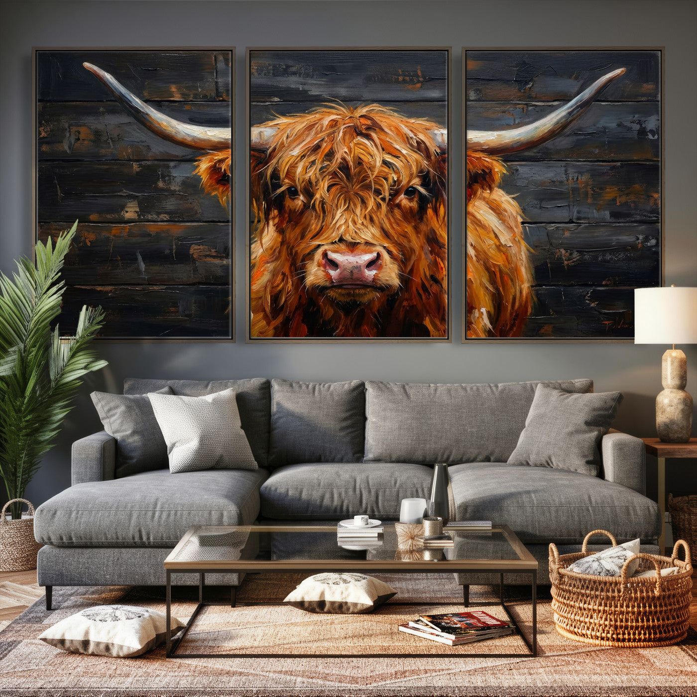 32536611-MGV-CV-36X24 - Highland Cow Wall Art Canvas Print, Rustic Farm Animal Painting, Framed Wall Art Ready to Hang