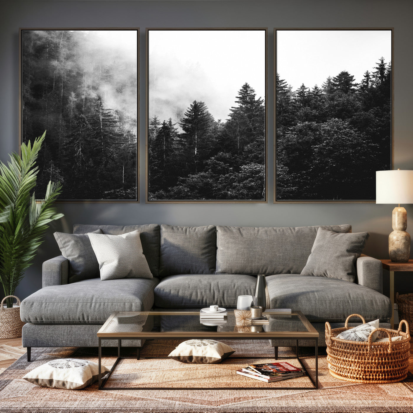 98764151-MGV-CV-36X24 - Black and White Forest Wall Art Canvas Print, Misty Pine Tree Landscape Photography, Framed Wall Art Ready to Hang