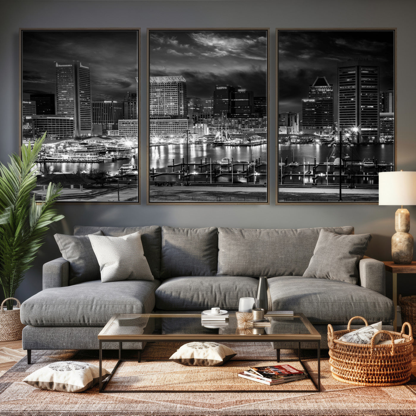 79755655-MGV-CV-36X24 - Baltimore Skyline Wall Art Canvas Print, Baltimore Downtown Night Cityscape Print for Modern Urban Wall Decor