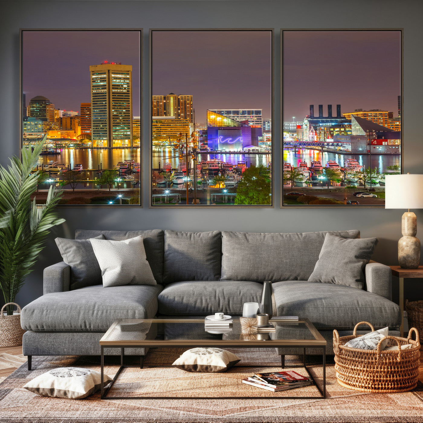 42654823-MGV-CV-36X24 - Baltimore Skyline Wall Art Canvas Print, Baltimore Downtown Night Cityscape Print for Modern Urban Wall Decor