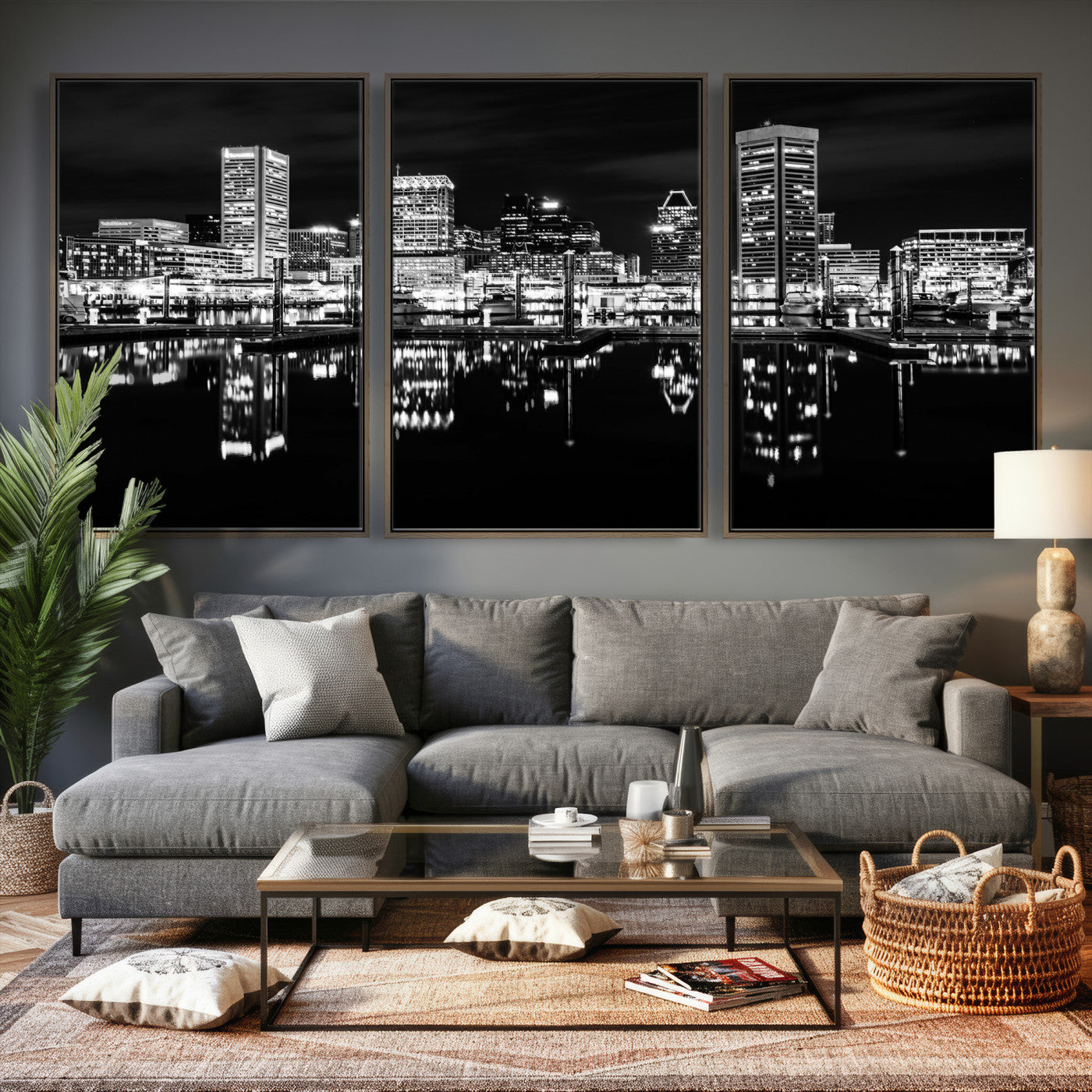 69187681-MGV-CV-36X24 - Baltimore Skyline Wall Art Canvas Print, Baltimore Downtown Night Cityscape Print for Modern Urban Wall Decor