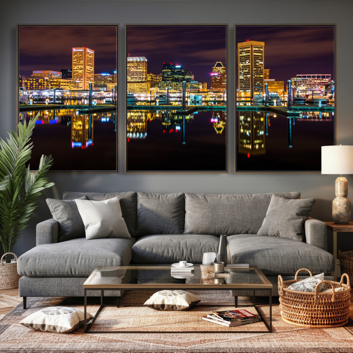 38201692-MGV-CV-36X24 - Baltimore Skyline Wall Art Canvas Print, Baltimore Downtown Night Cityscape Print for Modern Urban Wall Decor