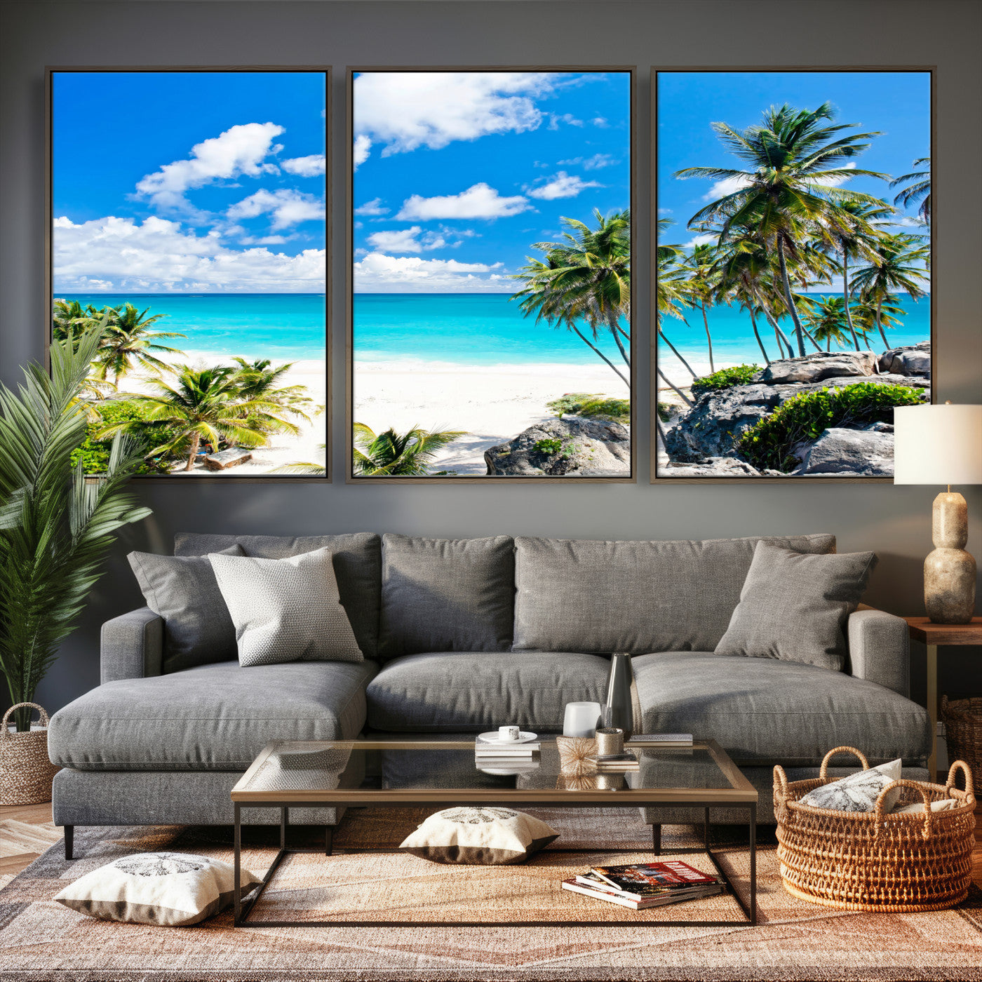 29232878-MGV-CV-36X24 - Barbados Beach Wall Art Canvas Print, Palm Tree Ocean Landscape, Turquoise Sea Coastal Photography, Tropical Island Wall Decor, Framed Ready to Hang