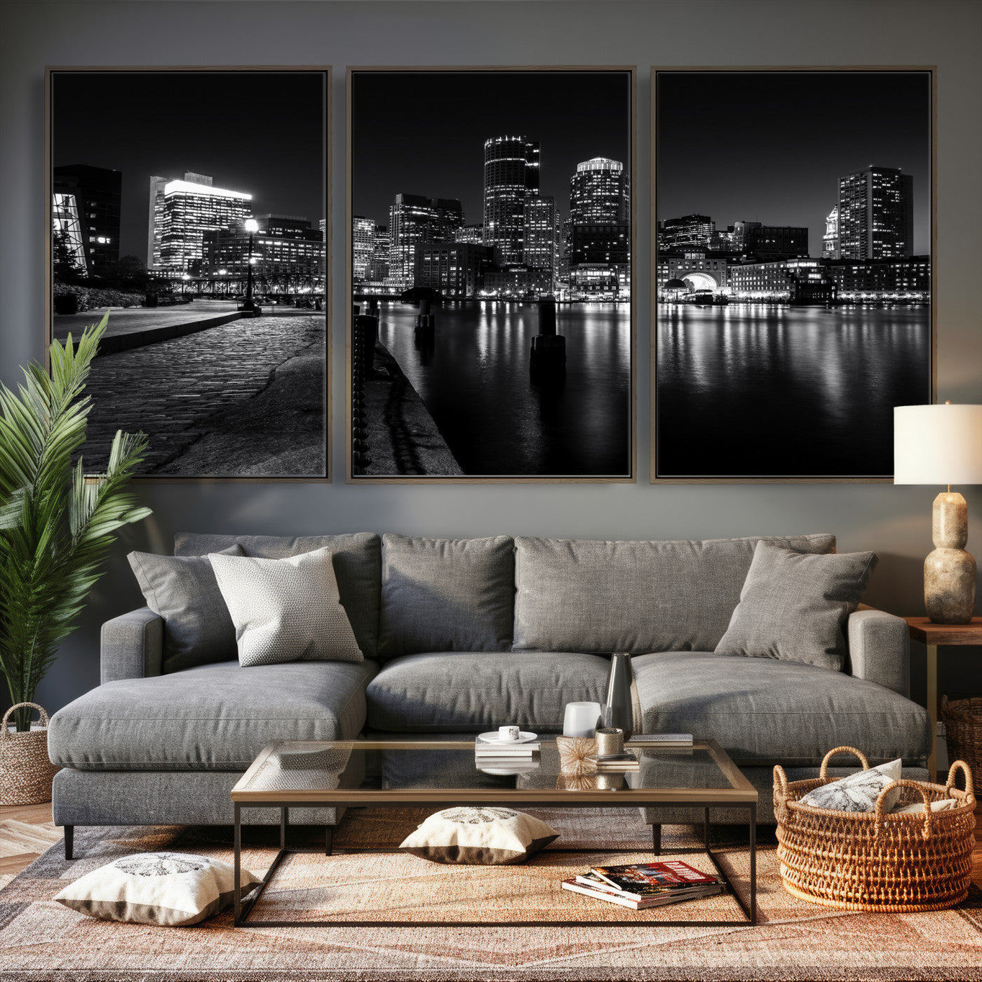53082656-MGV-CV-36X24 - Boston Wall Art Canvas Print, Boston City Downtown Night Cityscape Print for Modern Urban Wall Decor