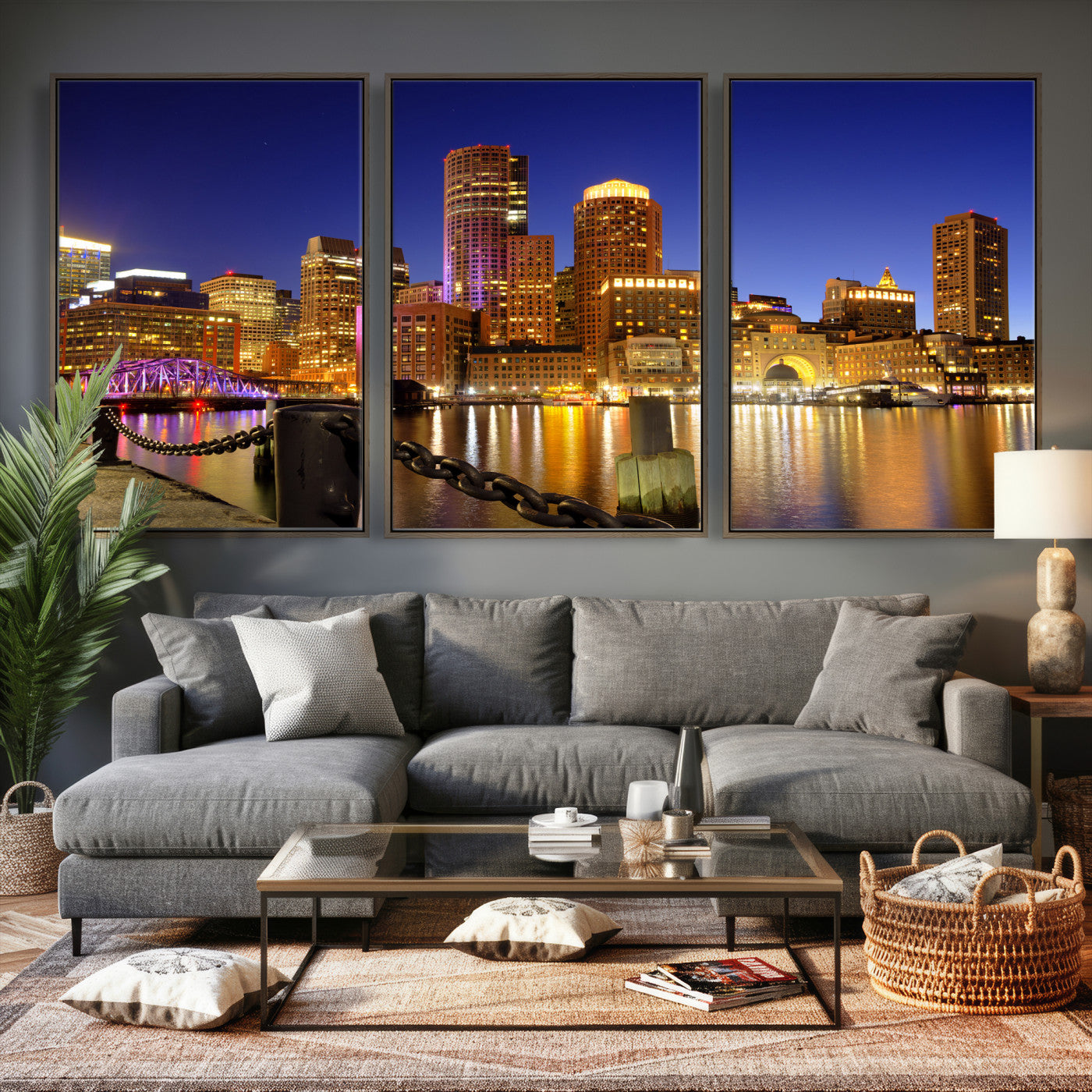 56611117-MGV-CV-36X24 - Boston Wall Art Canvas Print, Boston City Downtown Night Cityscape Print for Modern Urban Wall Decor