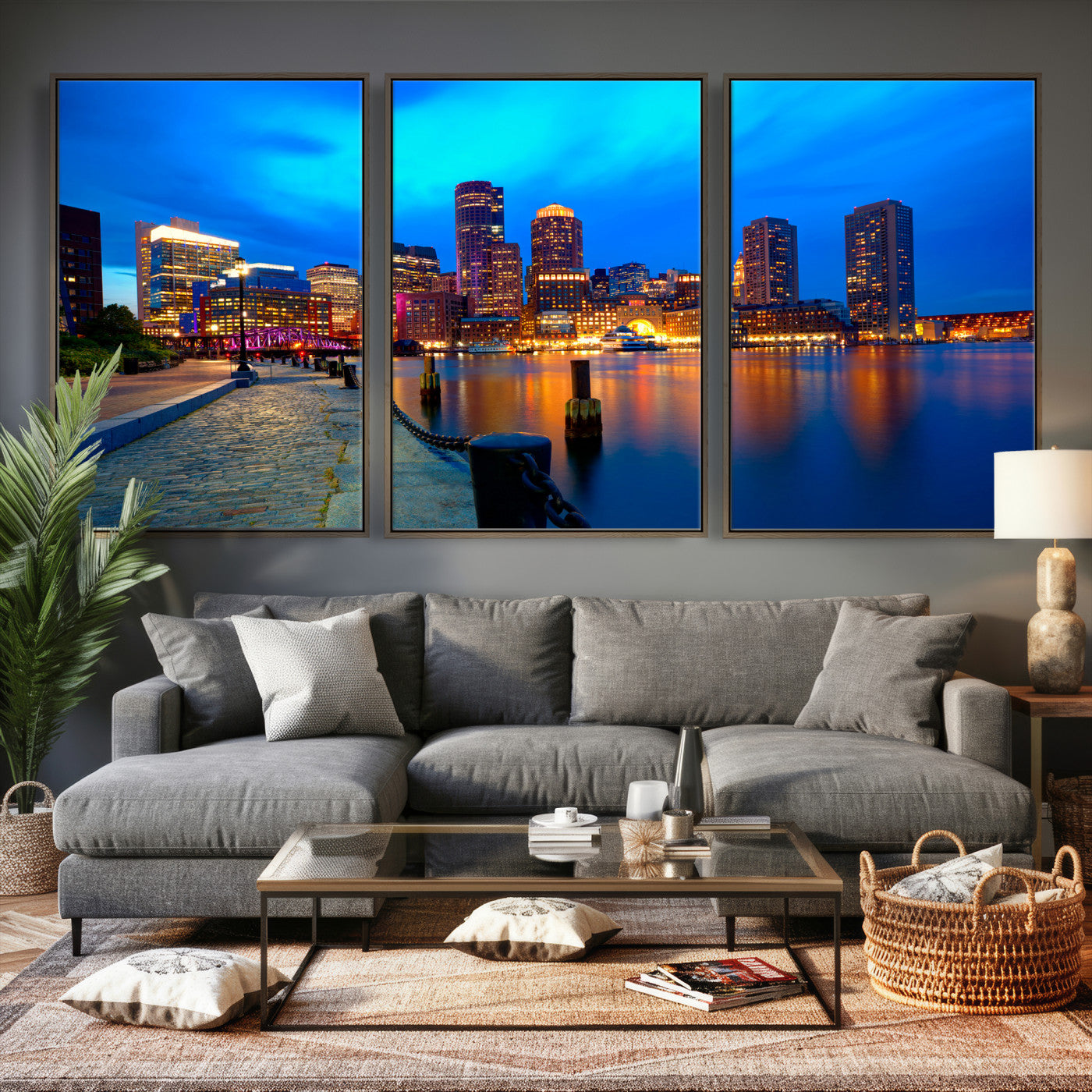 69619565-MGV-CV-36X24 - Boston Wall Art Canvas Print, Boston City Downtown Night Cityscape Print for Modern Urban Wall Decor