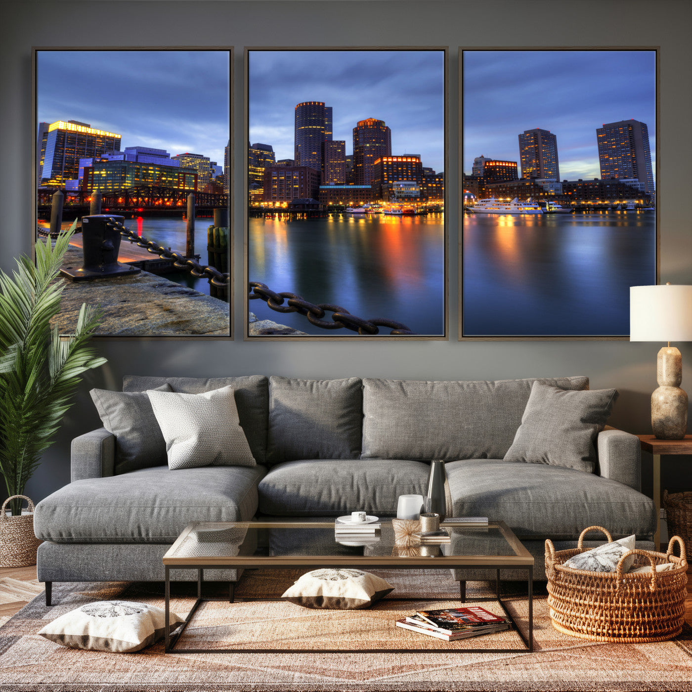 82439622-MGV-CV-36X24 - Boston Wall Art Canvas Print, Boston City Downtown Night Cityscape Print for Modern Urban Wall Decor